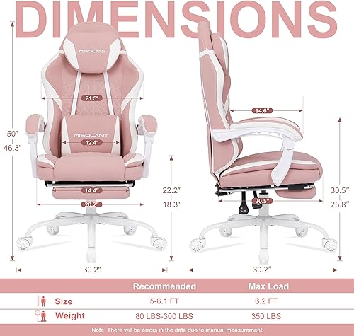Miniatura 3 de Misolant Silla de videojuegos, silla de tela con reposapiés para adultos, silla ergonómica de respaldo alto con reposacabezas ajustable y soporte
