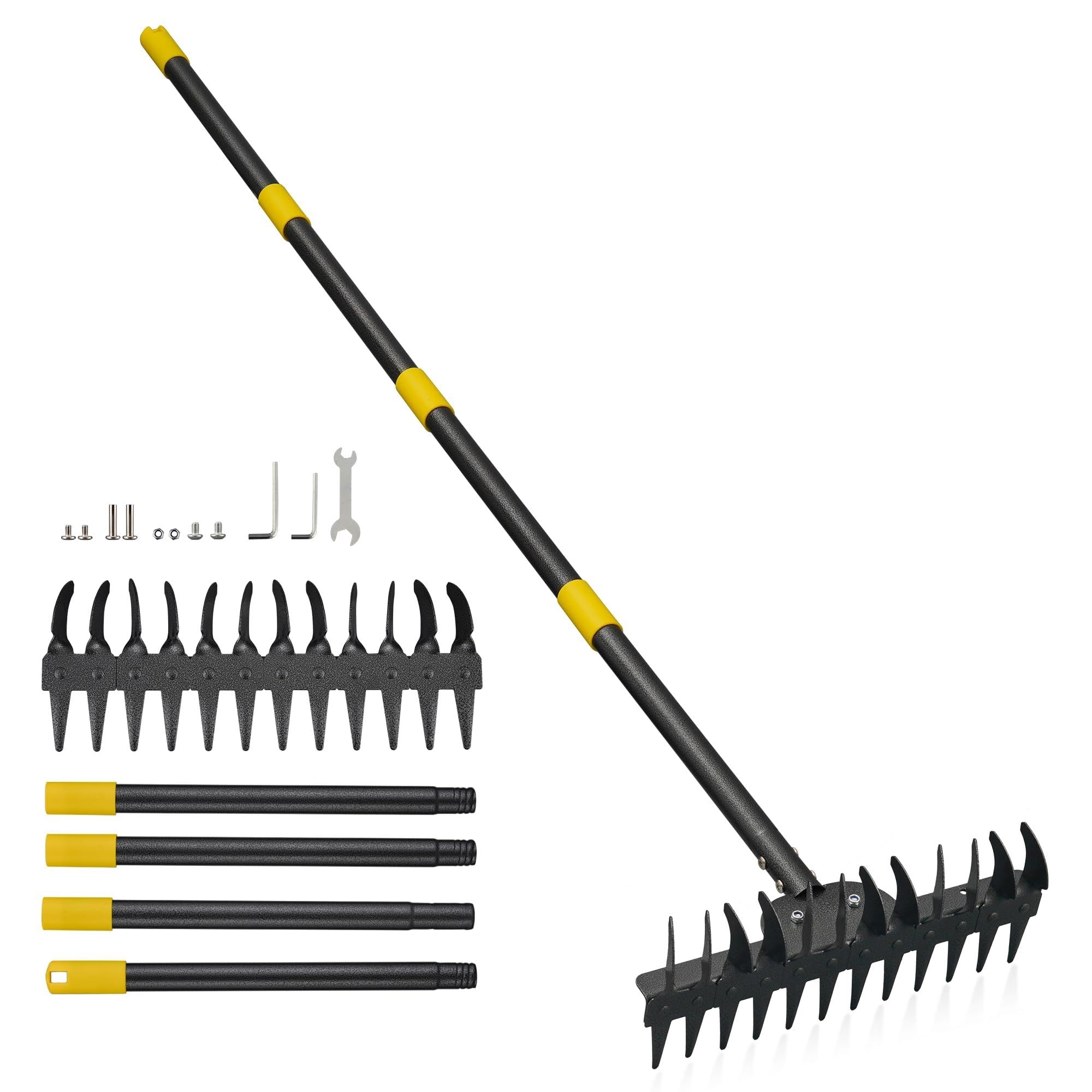 Garden Rake Heavy Duty 190cm, Dual-Row Scarifying & Leaf Rake with 24 Steel Tines – Stainless Steel Head, Anti-Slip Handle, Detachable Rake for Gardening, Lawn Soil & Leaf Clearing