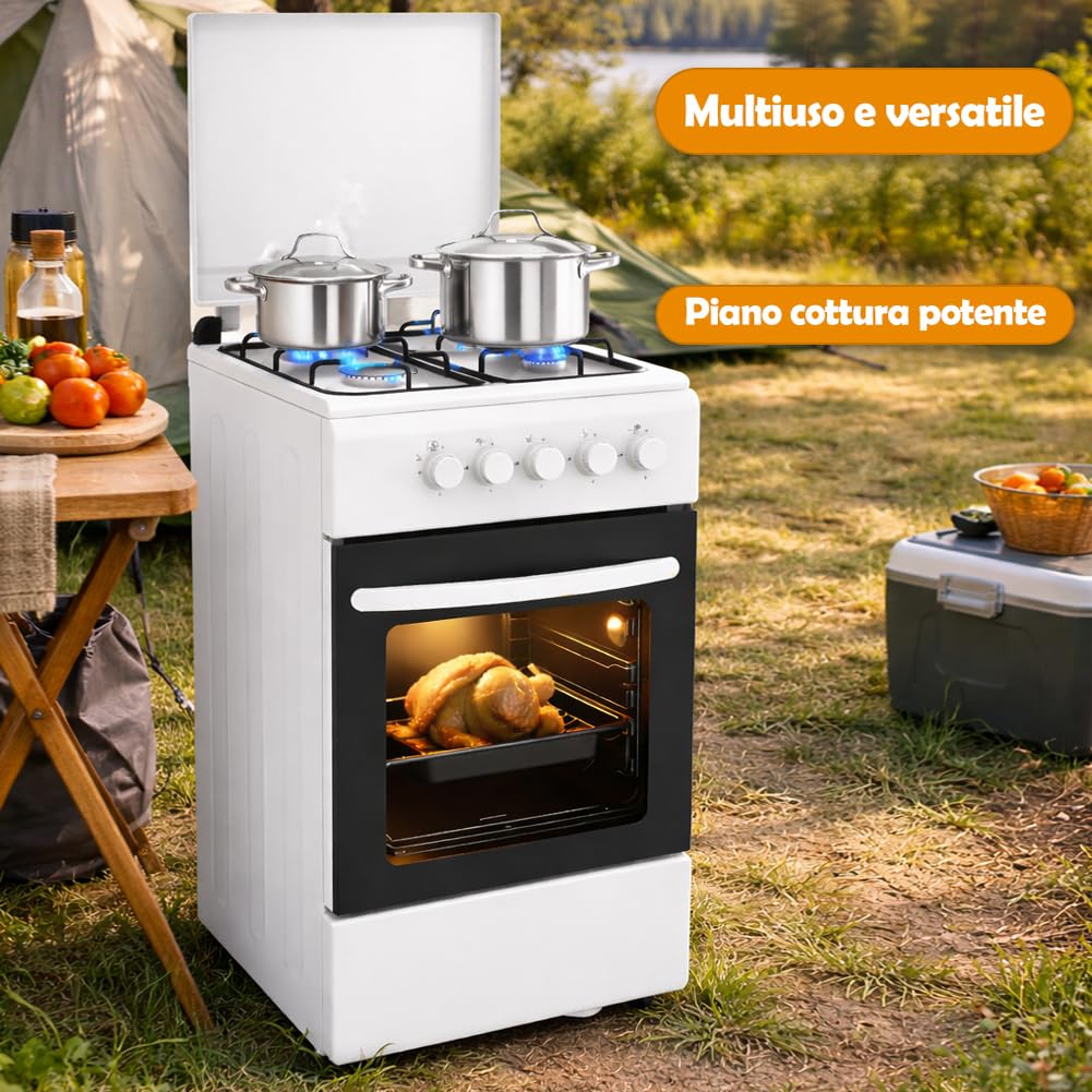 BAKAJI Cucina da Esterno Alimentazione a Gas con Forno e 4 Fuochi, Cucinino con Bruciatori e Griglie Rimovibili in Ghisa con Mobile e Accensione Ergonomica, Ideale per Esterni ed Interni (Bianco)
