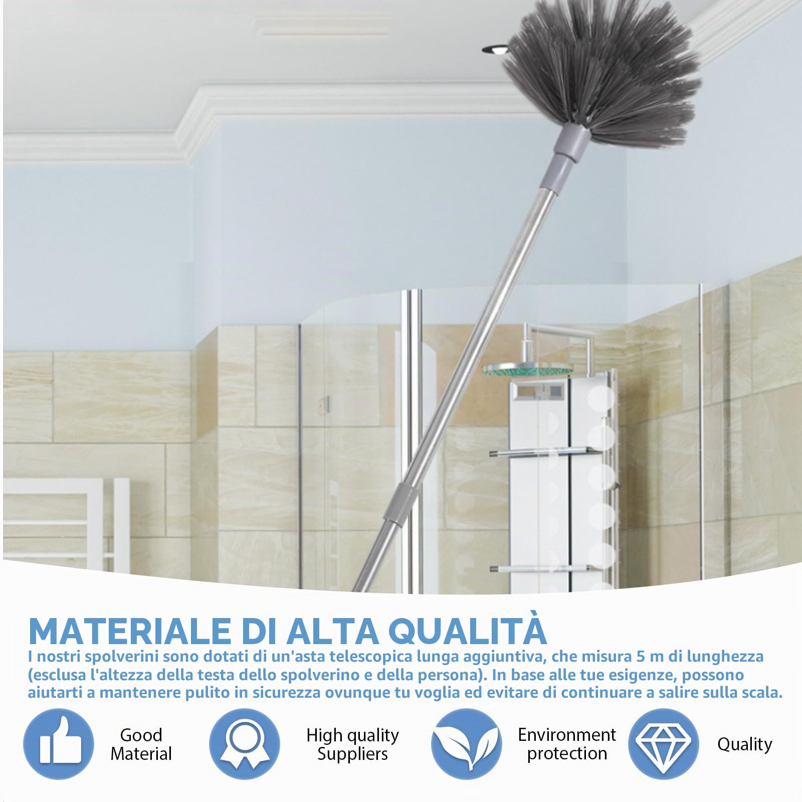 Spolverino telescopico 6 m con asta di prolunga da 1,5 a 4,9 m, set di pulizia 3 in 1 per pulizia in microfibra e scopa ragnatela, tergicristallo con manico telescopico per soffitti alti e ventilatori