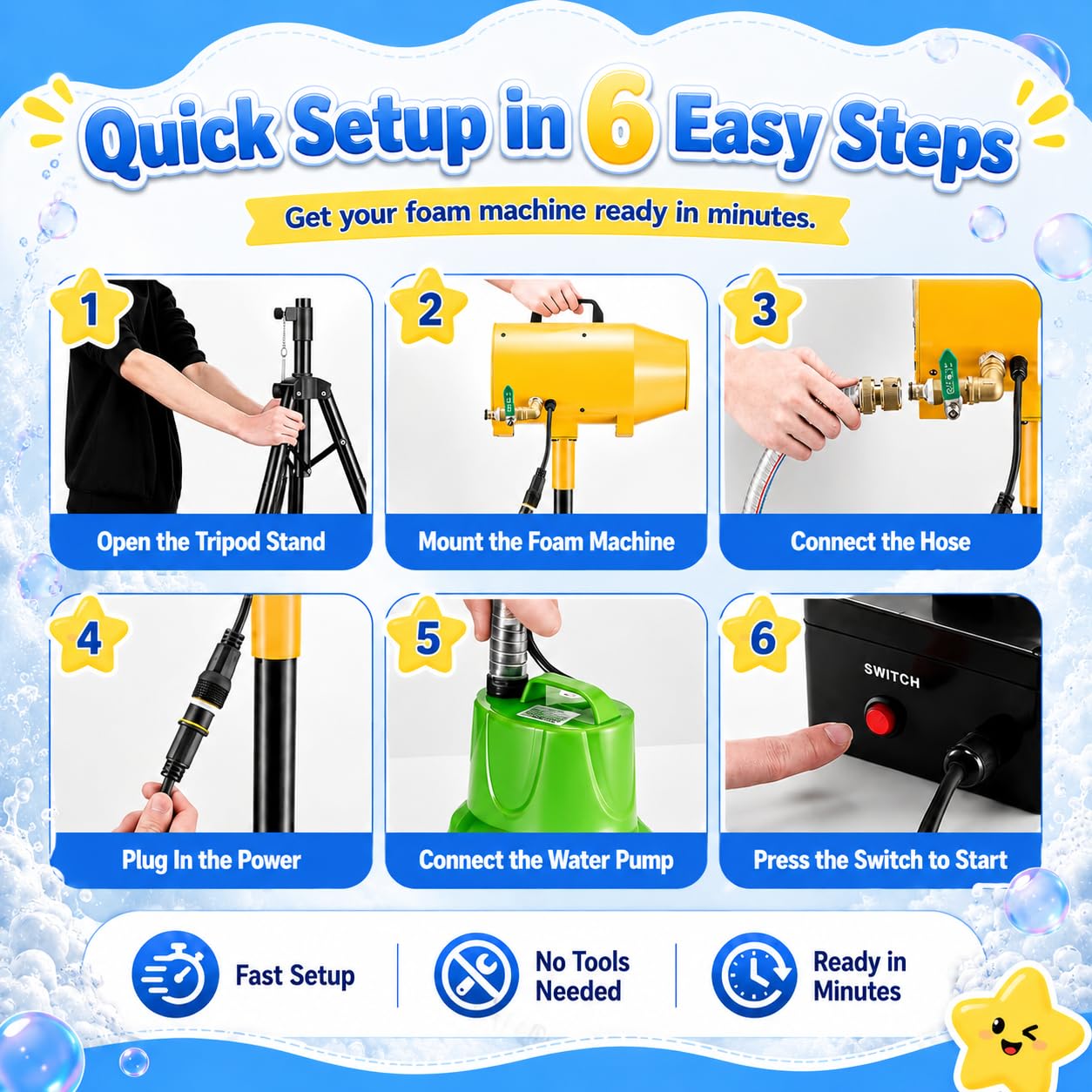 Macchina della Schiuma Elettrica per Eventi, Generatore di Schiuma Yellow | Macchina Ad Alta Potenza 1000W, con Pompa dell'Acqua, Getto Fino a 5 m, Cannone a Schiuma per Celebrazioni all'Aperto