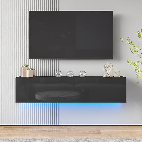 HOMMPA Soporte de TV flotante con luz LED para televisores de 60 pulgadas, centro de entretenimiento LED montado en la pared con almacenamiento de