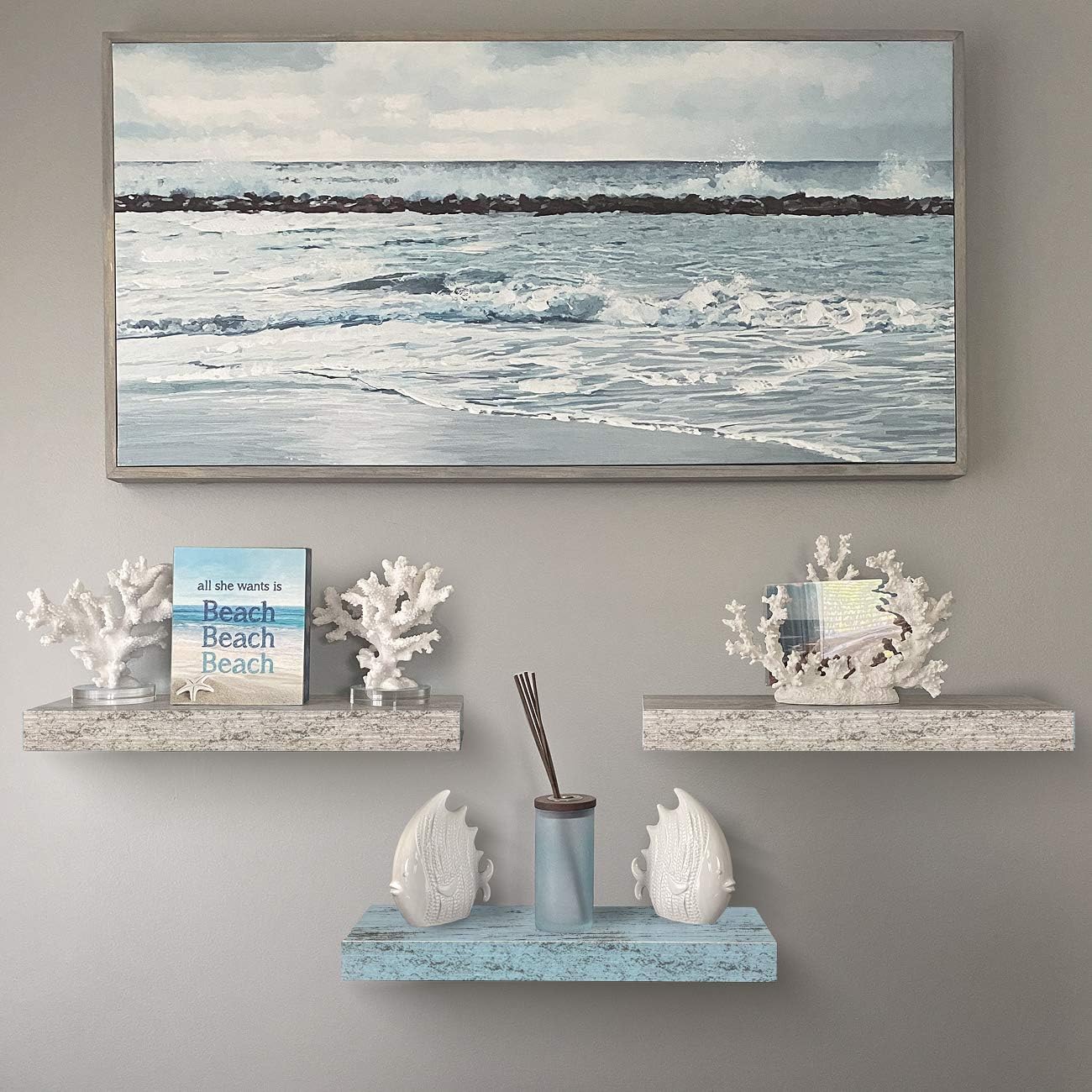 Sorbus Floating Shelf Set - Rustic Wood Coastal Beach Style Hanging Rectangle Wall Shelves for Home Décor, Trophy Display, Photo Frames, etc.(Blue/White, 3 Pack) : Home & Kitchen