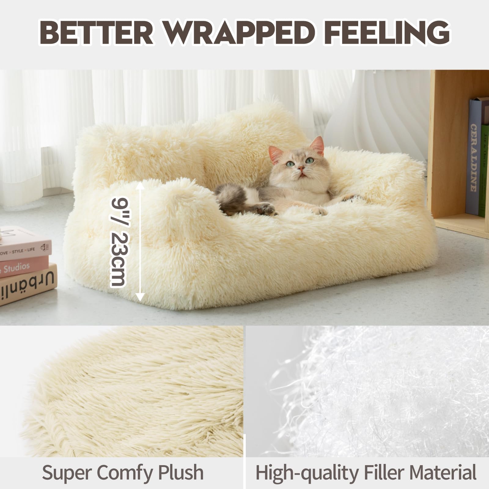 MEWOOFUN Elegante sofá cama grande para gatos de interior, sofá lavable de felpa, camas para perros pequeños, suave y calmante con parte inferior antideslizante, color beige
