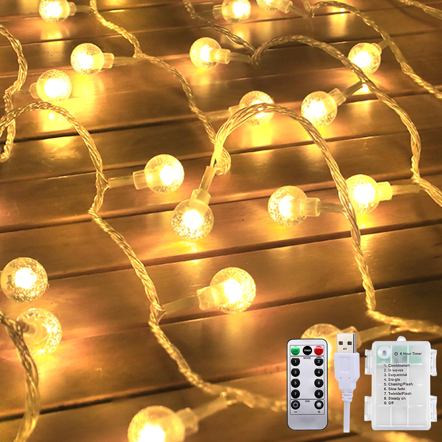 Fairy Lights with Battery and USB 12 m 100 LEDs Crystal Balls with Remote Control 8 Flashing Modes Timer Waterproof for Wedding Camping Balcony Christmas Caravan