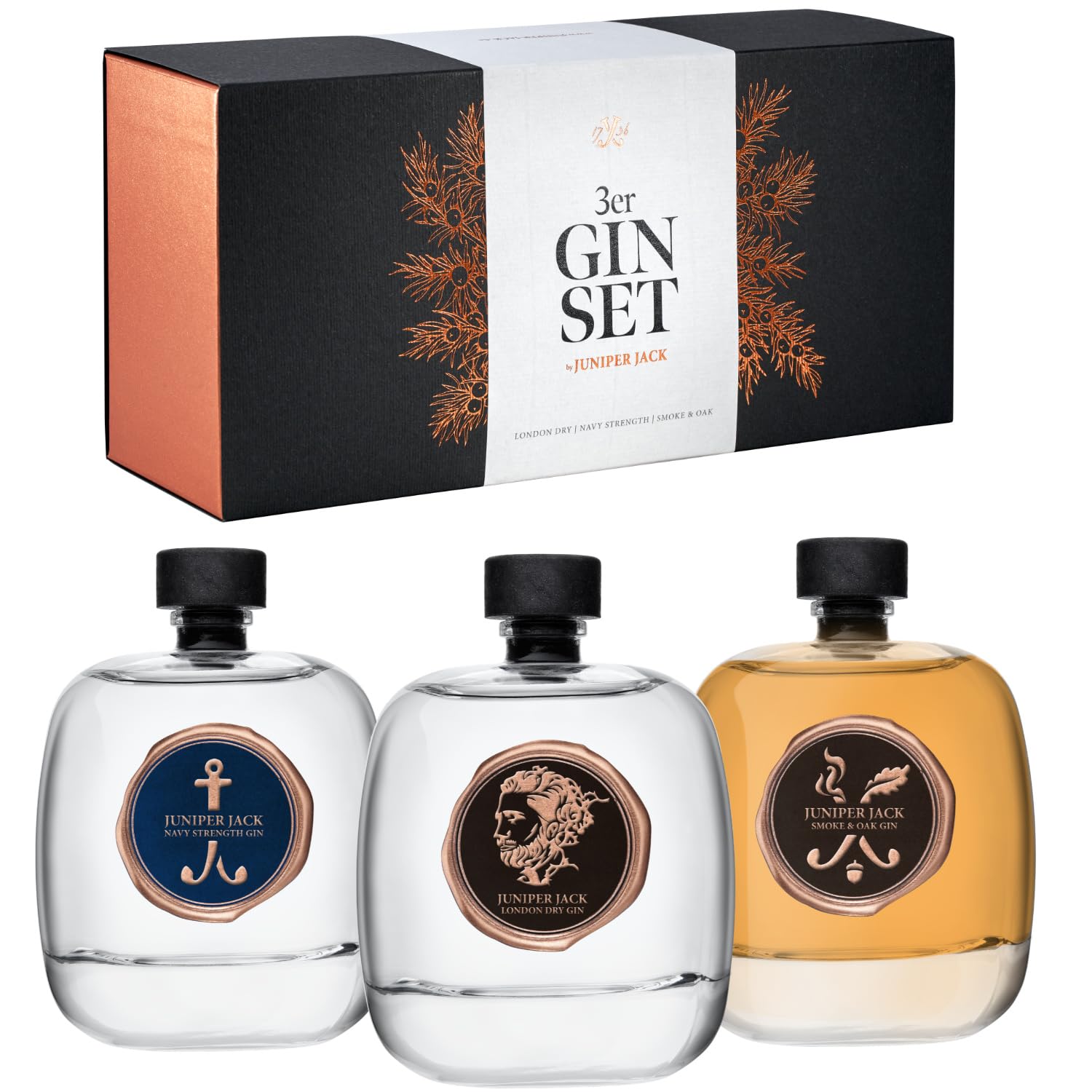 JUNIPER JACK Gin Tasting Set | 3 × 100 ml | London Dry + Navy Strength + Smoke & Oak | Geschenk für Gin-Liebhaber | Handcrafted in Dresden