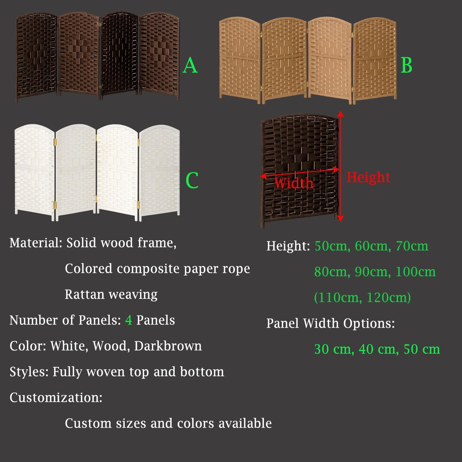 raumteiler Paravent Höhe 50 60 80 100 120 cm, Rautengeflecht-Ankleidetrennwand, weißes Holz, Dunkelbraun, Raumtrenner zur Raumaufteilung(White,W 30 cm H 100 cm)