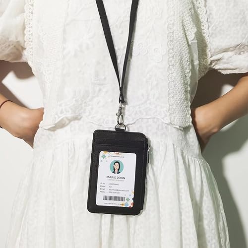 Miniatura 2 de Soporte para tarjetas de identificación negro con cordón, soporte vertical de piel sintética para tarjetas de identificación con 1 ventana de Negro