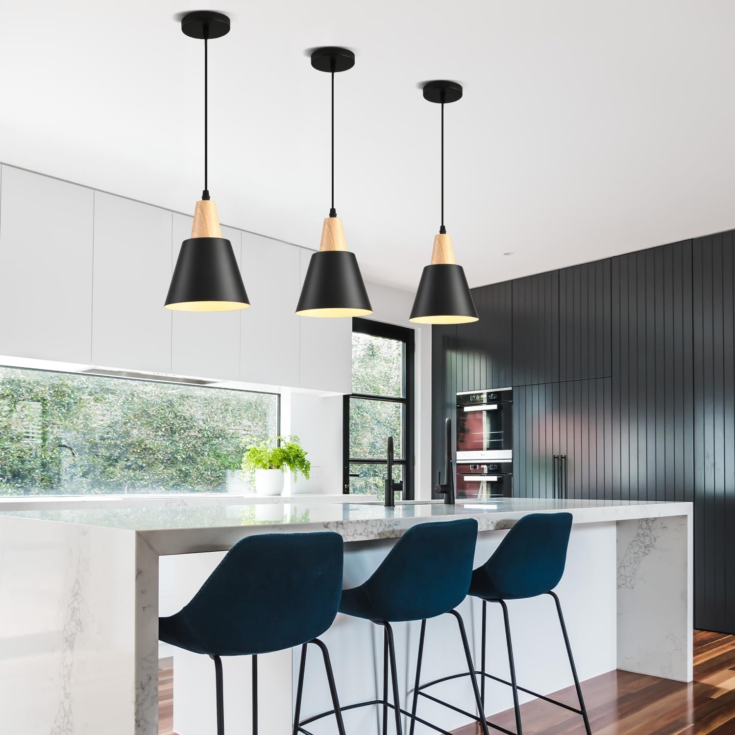 3 Pack Pendant Lights, Black Pendant Lights Kitchen Island,Wood Dome Minimalist Industrial Ceiling Hanging Lights for Kitchen Island, Barn, Dining Room, Living Room, Bedroom