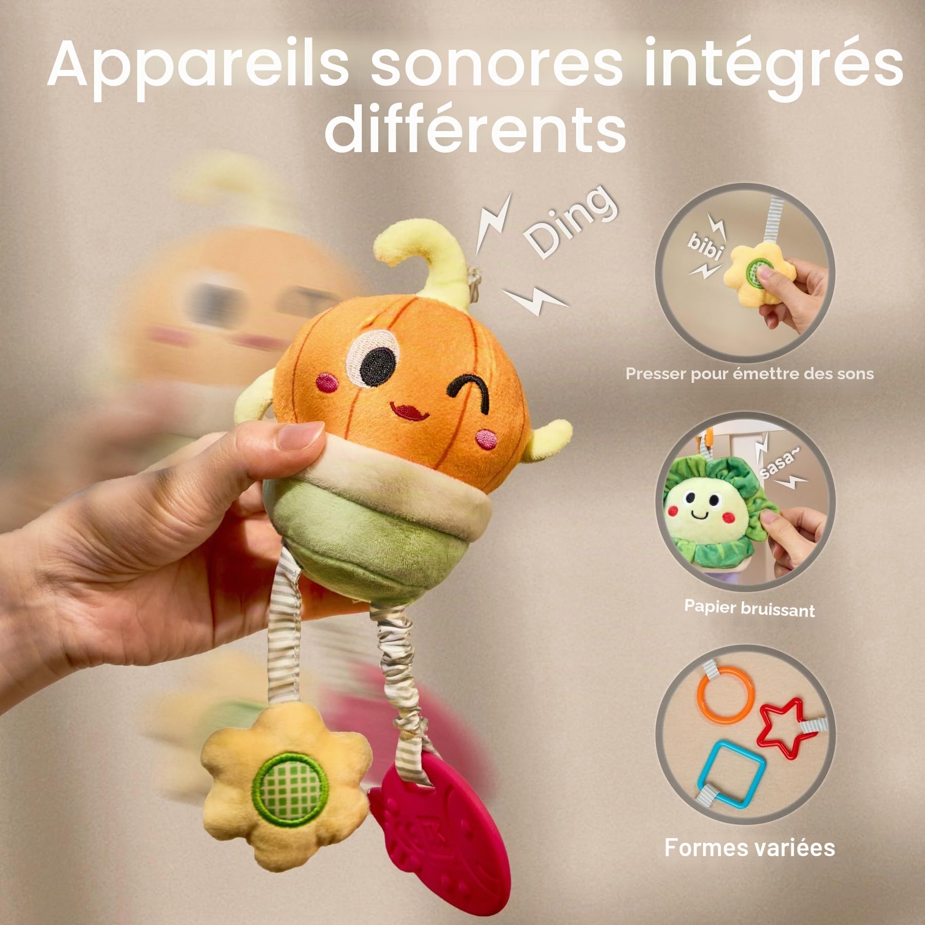 TUMAMA Jouet Poussette Bebe 0 3 6 9 12 Mois, Jouet Eveil Bébé, Suspendu Legumes Jouets en Peluche, Sensoriel Légumes Jouets pour Bébés Siège Voiture, Cadeau pour Nouveau-né pour 6 9 12+ Mois