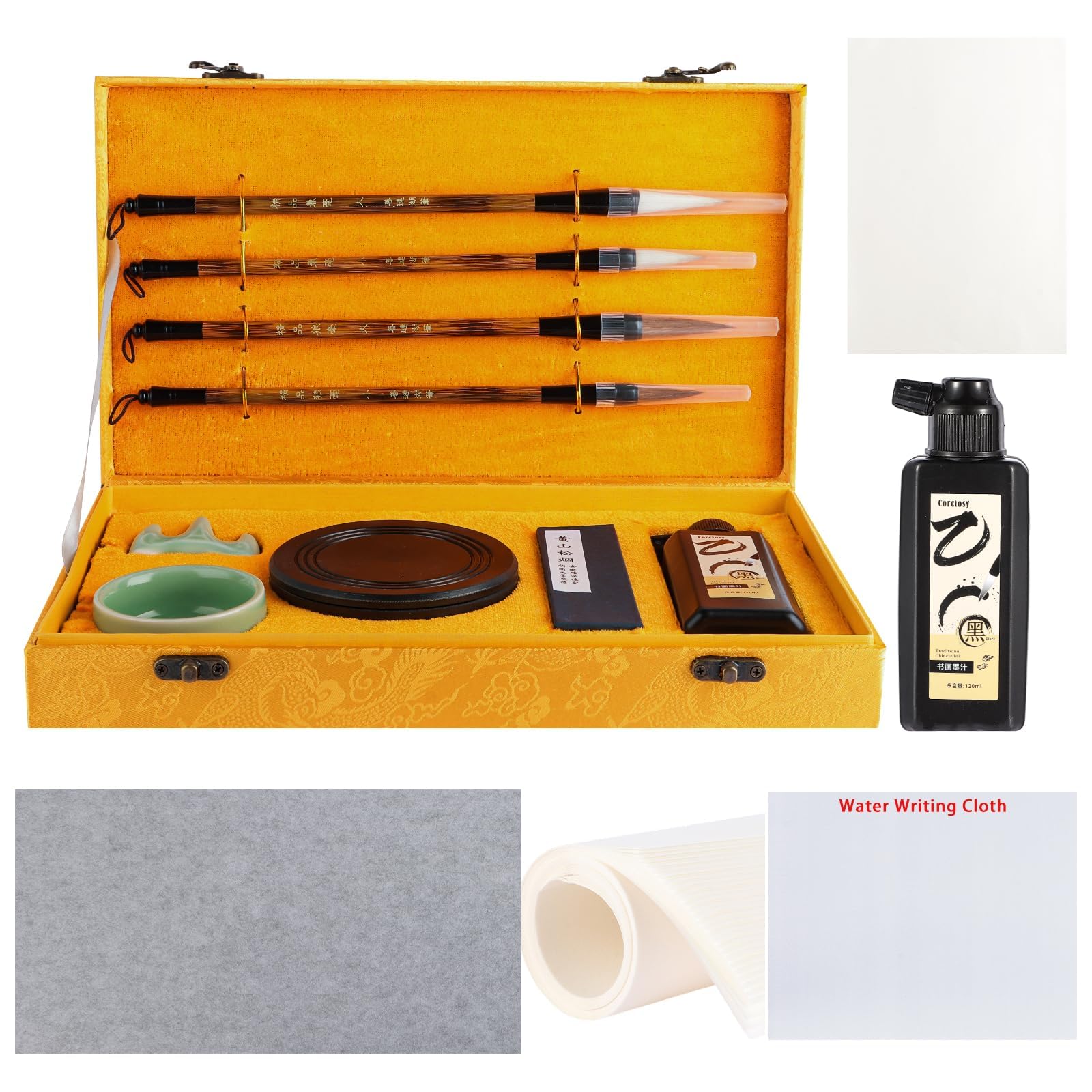 Chinese Calligraphy Brush Set,Calligraphy Kit for Beginner-Yellow