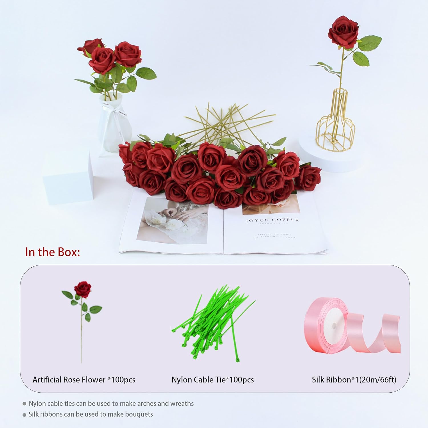 100pcs Artificial Roses in Bulk Fake Silk Roses with Stem Realistic Red Roses for Home Wedding Centerpieces Party Decorations (100, Red) - Image 5