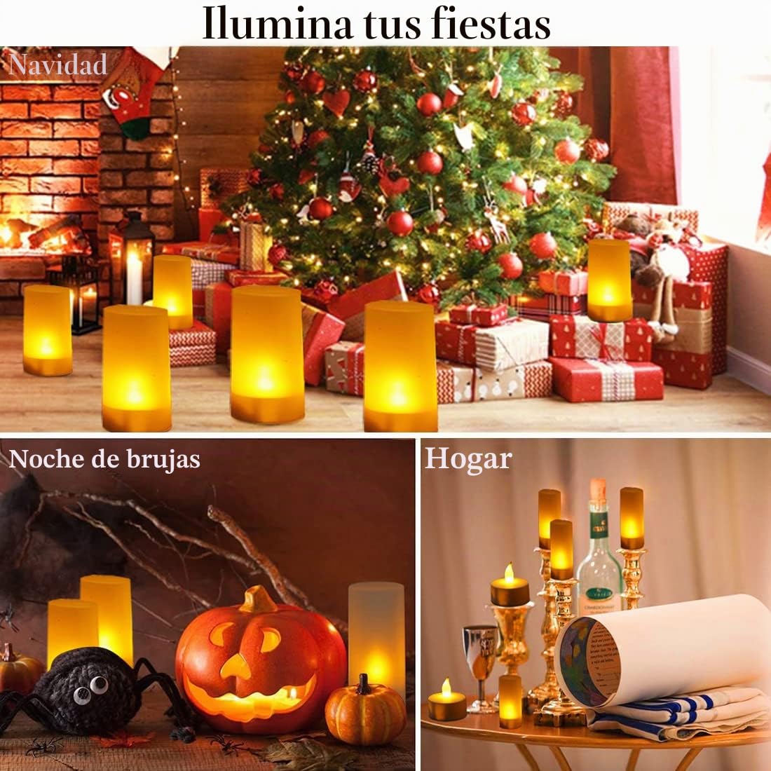 Velas LED sin Llama QSPORTPEAK 12 velas recargables velas LED con batería sin llama con estación de carga, cable USB y vasos para el hogar, Navidad Halloween Decoración