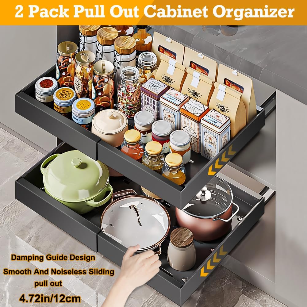 Pull Out Cabinet Organizer, 2 Pack Expandable(12.6"-18.9") Heavy Duty Slide Out Drawers for Kitchen Cabinets, Pull Out Shelves with Adhesive Nano Film for Cabinets in Kitchen Pantry Bathroom (Black)