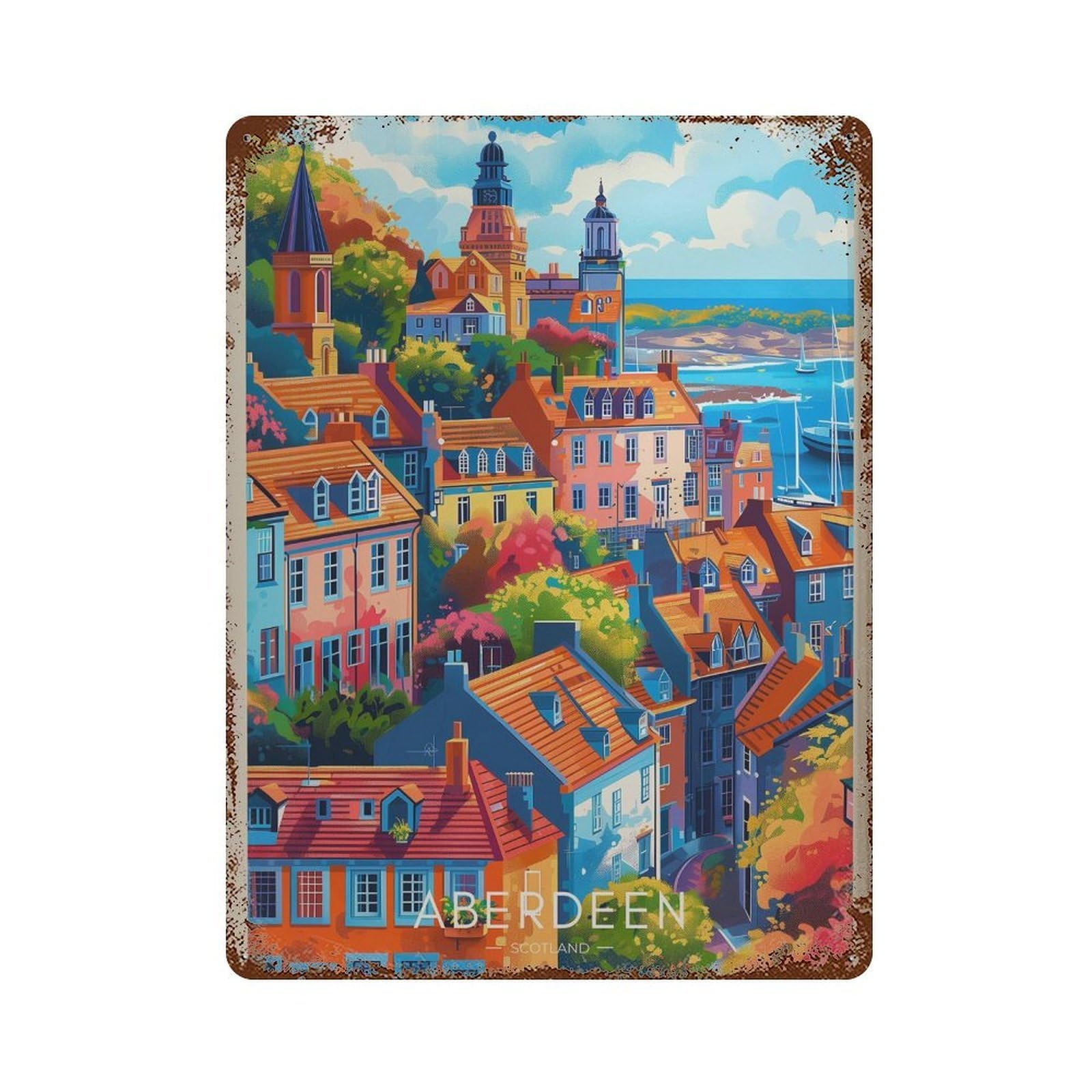 xiaoxiaoshen Aberdeen Scotland Travel Colorful Cityscape Wall Decor Art Metal Tin Poster Modern Home Decor Art Home Bar Shop Decorations Vintage Sign 40x30cm