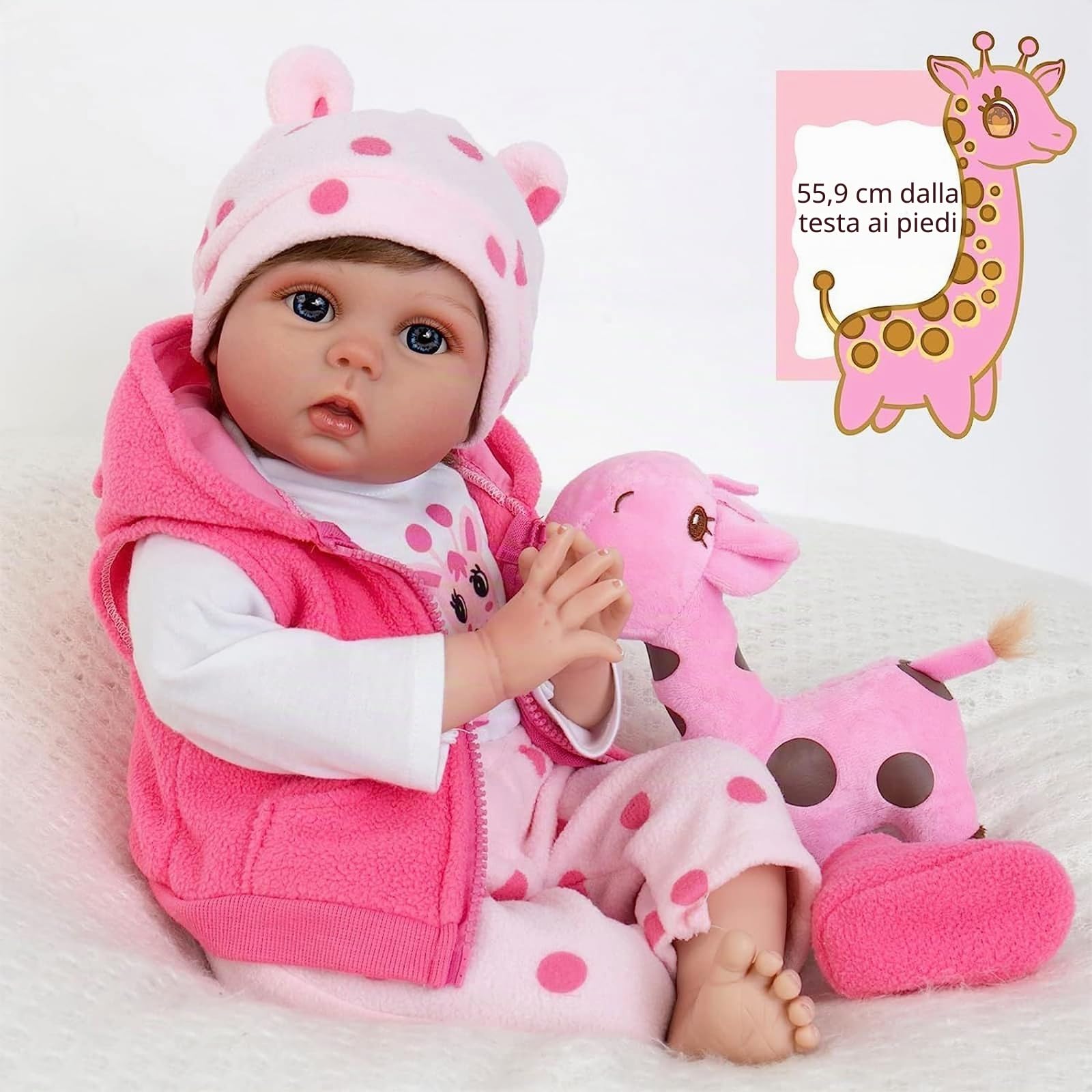 Bambola Realistica con Accessorio Peluche a Forma di Ippopotamo, Vestita con Abito Bianco e Rosa a Pois Bambole Reborn Femmine 55cm Realistico Vinile Silicone Morbido Reborn Bambola