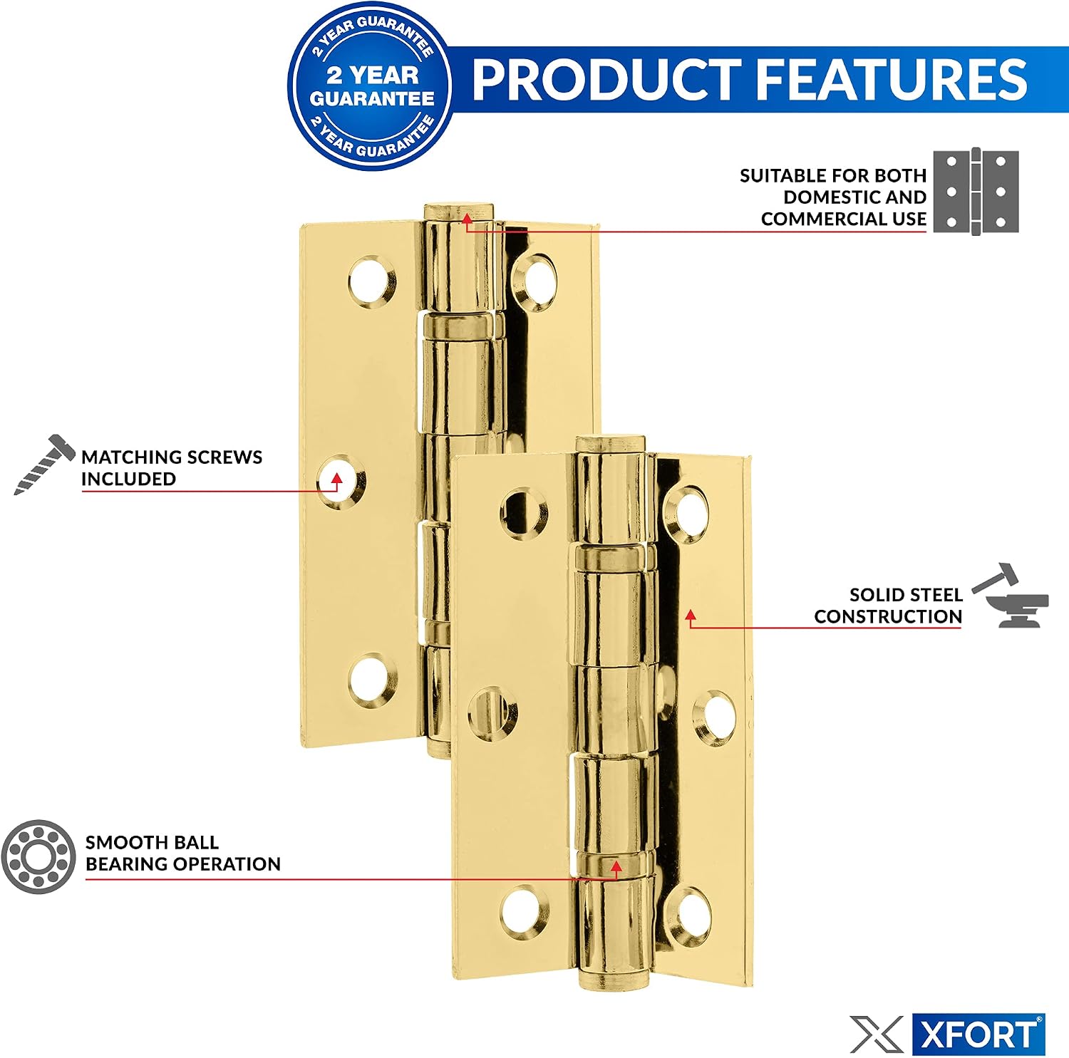 XFORT 3 Inch (75mm) Polished Brass Ball Bearing Hinges, Steel Door Hinge for Wooden Doors (2 works) - Image 4