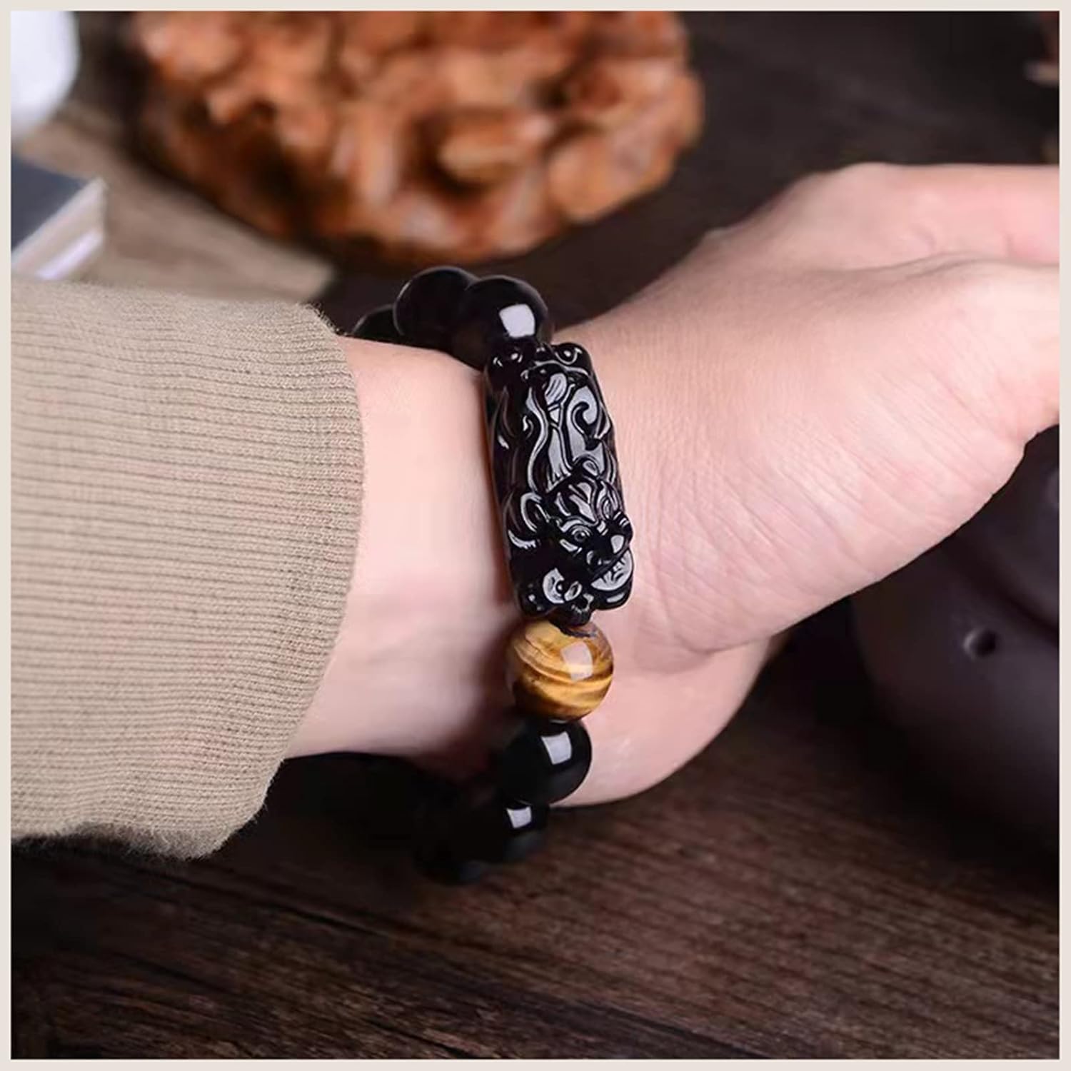 Black Obsidian Bracelet,Feng Shui Black Obsidian Wealth Bracelet for Women Men Stretch Obsidian Bracelet Bangle with Pixiu Tiger Eye Stone Attract Wealth Money and Good Luck - Image 4