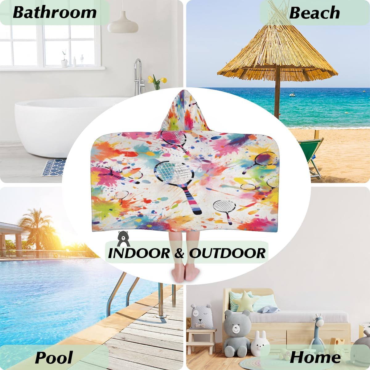 Pardick Kids Bath Towel Watercolor Tennis Racket Beach Towel with Hood Pool Cover Up for Girls Boys Soft Absorbent Hooded Bath Towel Toddler Towels for Beach, Pool