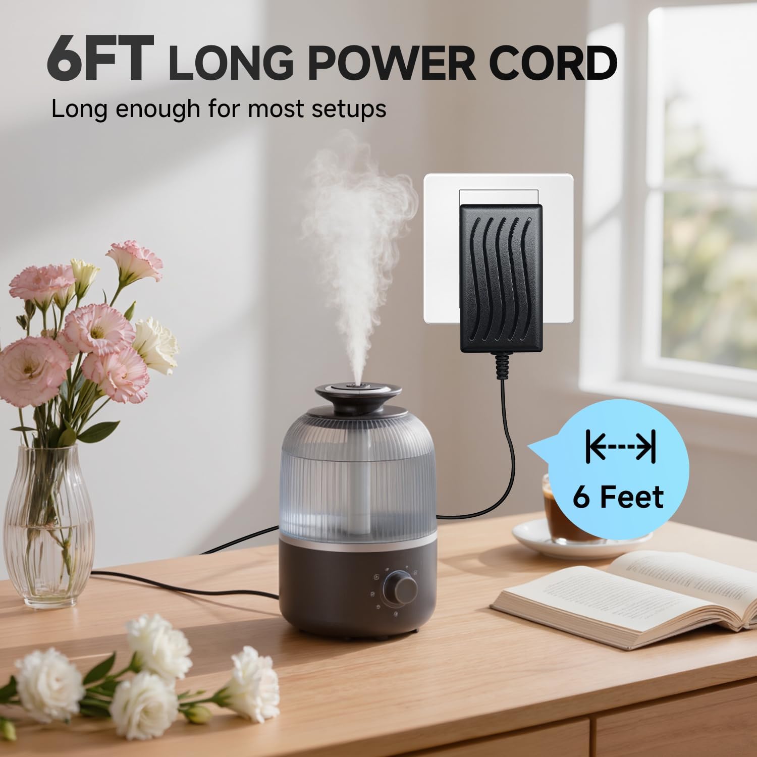 UL Listed 24V 0.5A 6ft Extra Long Power Supply Adapter with 8 Interchangeable Tips, AC to DC 24 Volt 12W Wall Charger Power Cord for Essential Oil Diffuser Aromatherapy Humidifier and More 24V Devices
