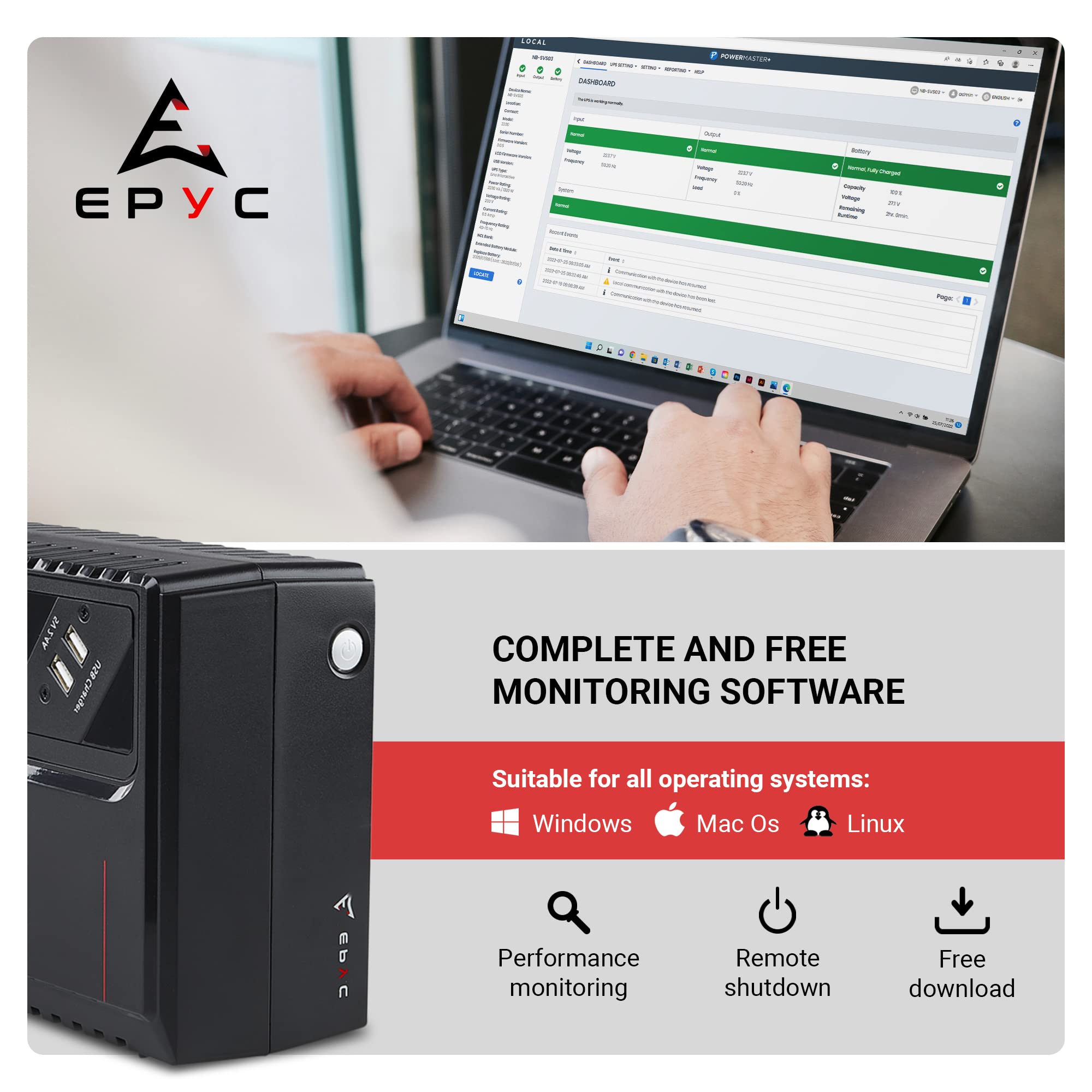 EPYC TETRYS - SAI Regleta, Potencia 850 VA/480 W, Sistema de Alimentación Ininterrumpida para PC, Tecnología Line Interactive, AVR, 3 Salidas Schuko, SAI 800 VA