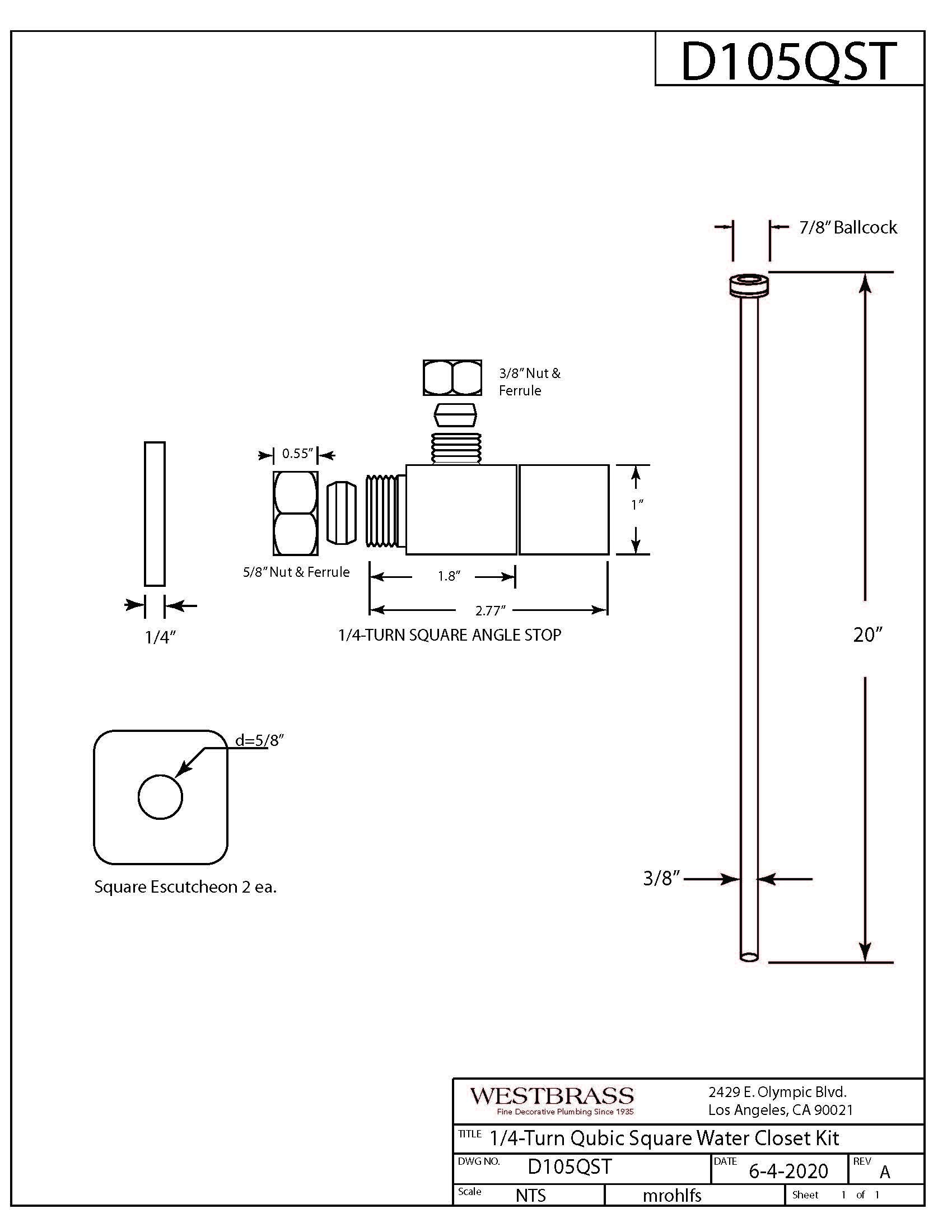 Westbrass D105QST-07 - Kit elevador de línea de suministro de inodoro de cabeza plana de 5/8 x 3/8 pulgadas de diámetro exterior x 20 pulgadas con mango cuadrado, tope de ángulo de giro de 1/4, níquel
