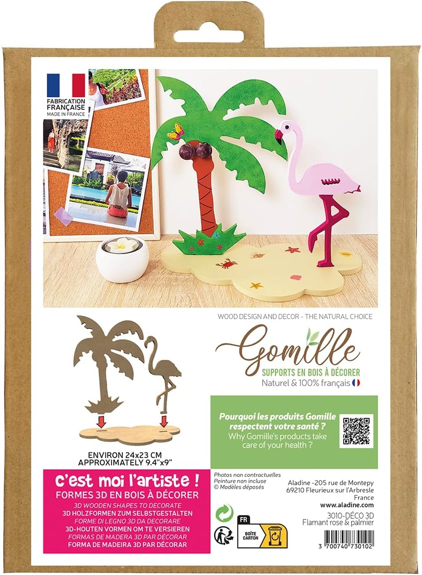 Pink Flamand/Palm Tree – 3D Decoration PEFC Certified 100% – Wooden Craft Kit for Children