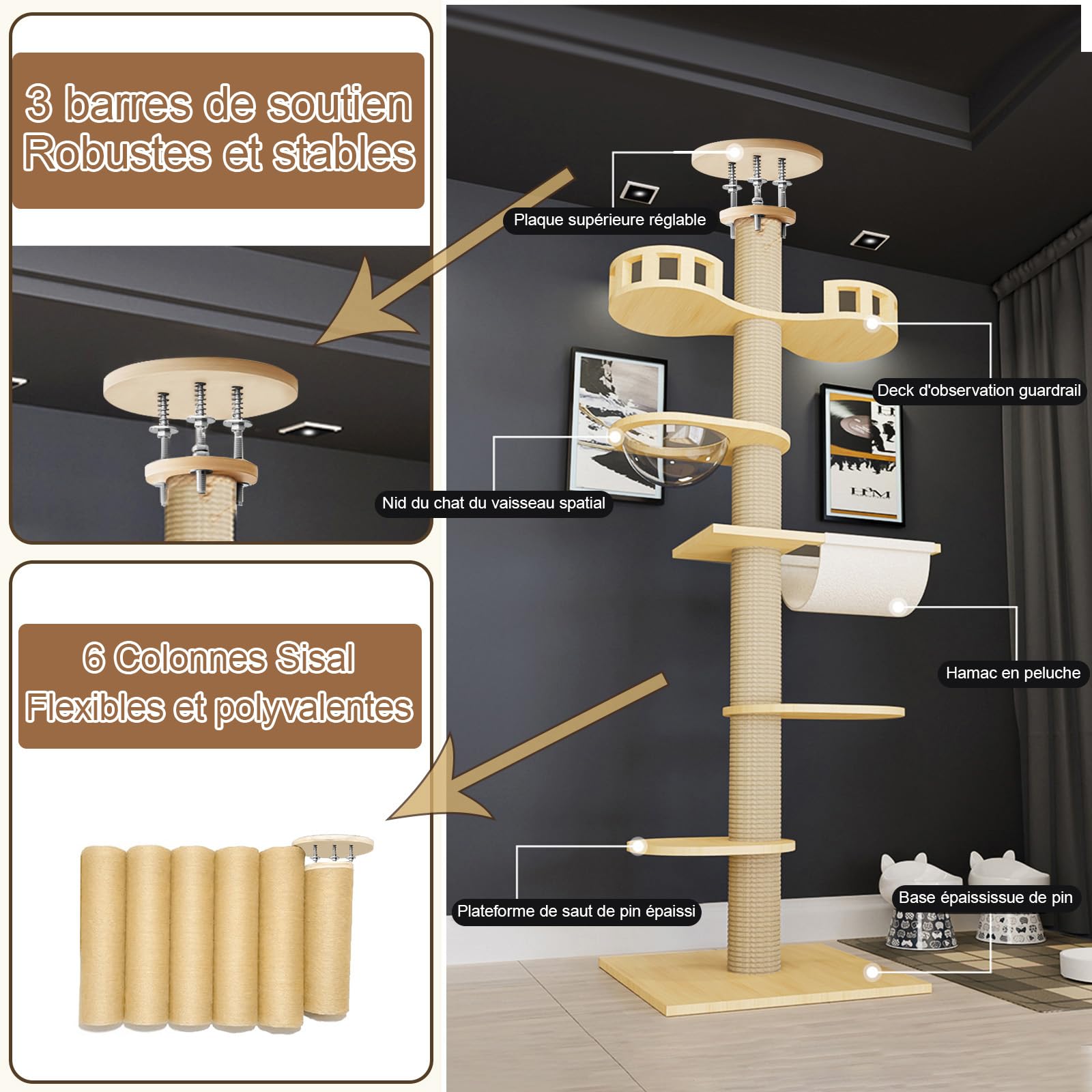 Arbre à Chat Plafond Réglable 300 cm – Grand Arbre à Chat avec Hamac, Niche et Plateformes pour Chats d’Intérieur et Maine Coon