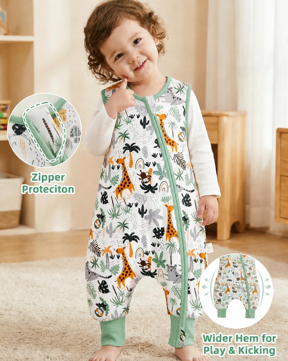 JiAmy Saco de Dormir para Bebé con Pies de Verano 1,0 1,5 TOG Paquete de 2 Algodón Manta Envolvente para Dormir Cremalleras Súper Transpirable para Niñas Niños 6 Meses - 6 Años