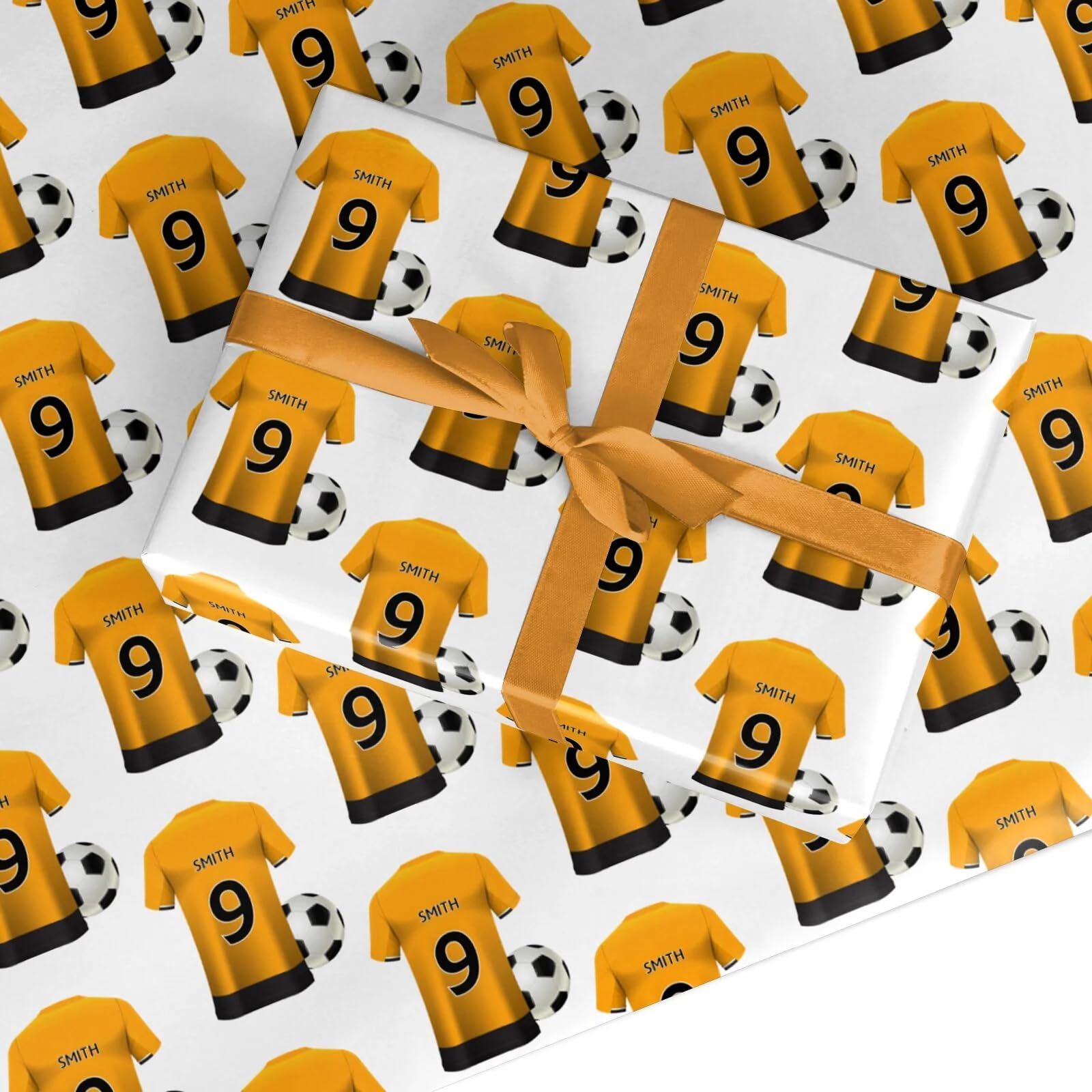 Gold and Black Personalised Football Shirt Wrapping Paper Custom Birthday Gift Wrap - For Him Mens Dad Father's Day Christmas Boys Kids Adult - Any Name & Number - 3 Sheets (50cm x 65cm each)