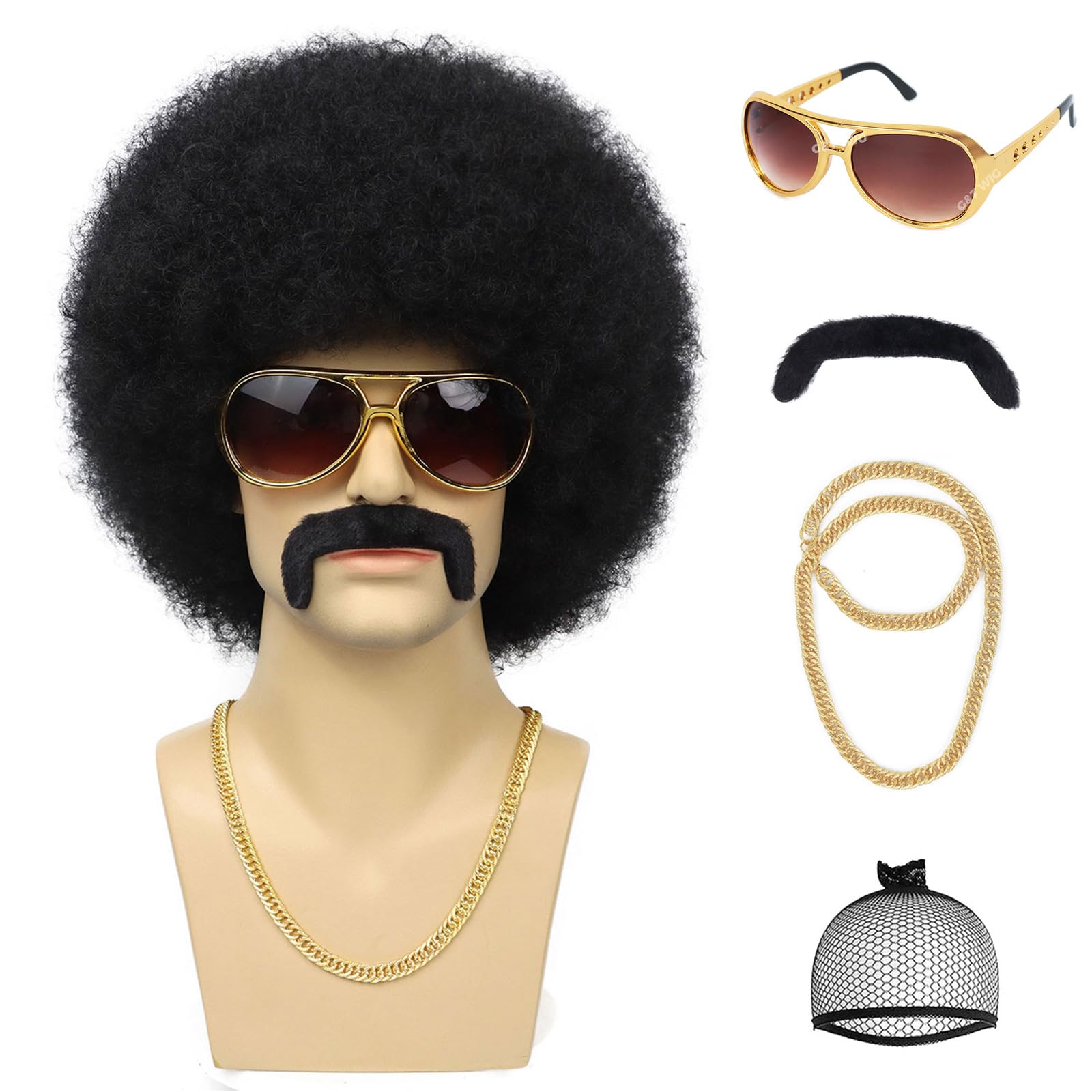 G&T Wig 70s Afro Wig for Men Disco Costume Set Glasses Chain Mustache Short Curly Natural Black Hair Fluffy Synthetic Funny Wig for Party Halloween Hippies Rocker（Black）