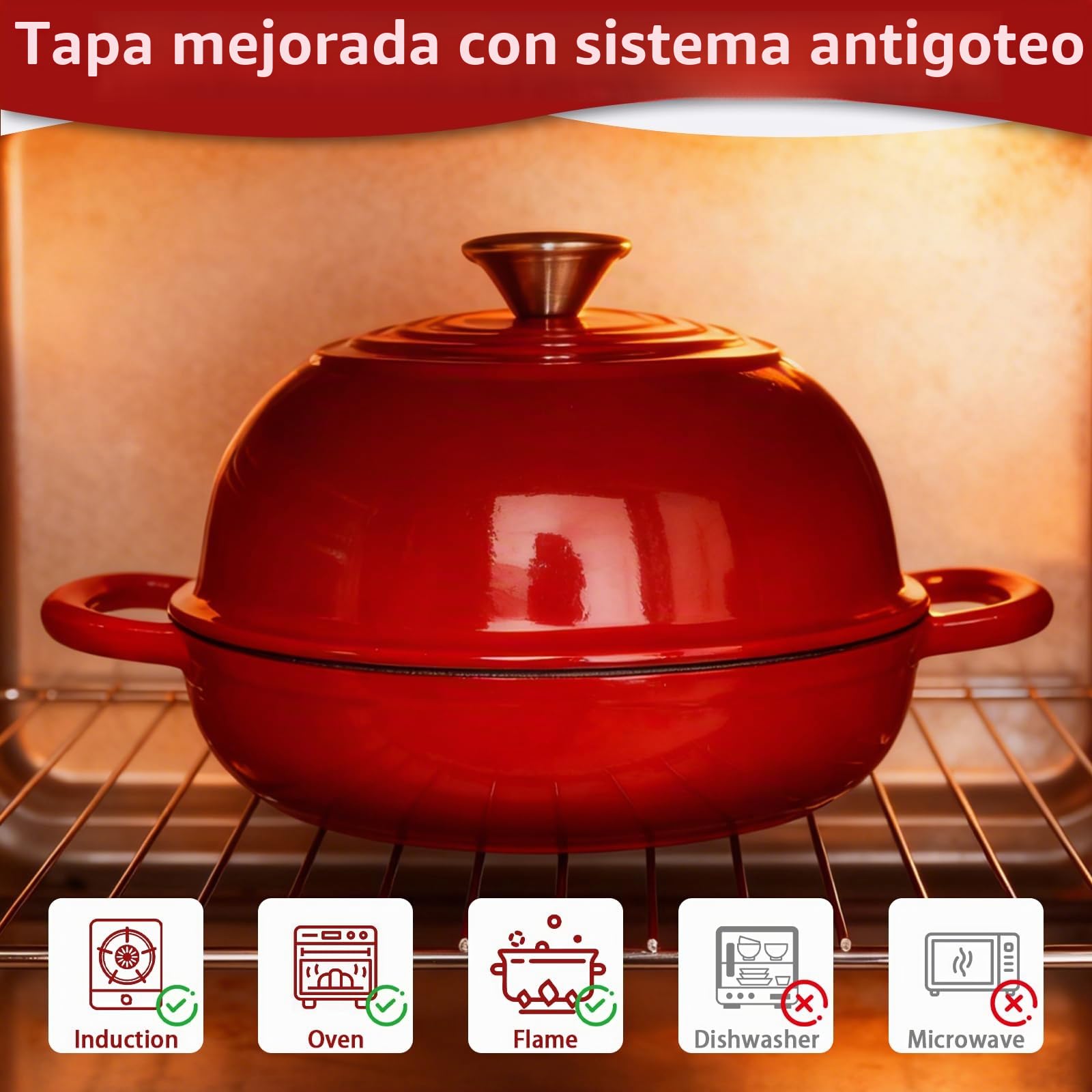 Olla de Hierro Fundido Esmaltada 5,7L Oval, Dutch Oven 26 cm con Tapa, Asas de Madera y Accesorios para Pan, Horno hasta 260°C, Todas Vitrocerámicas e Inducción