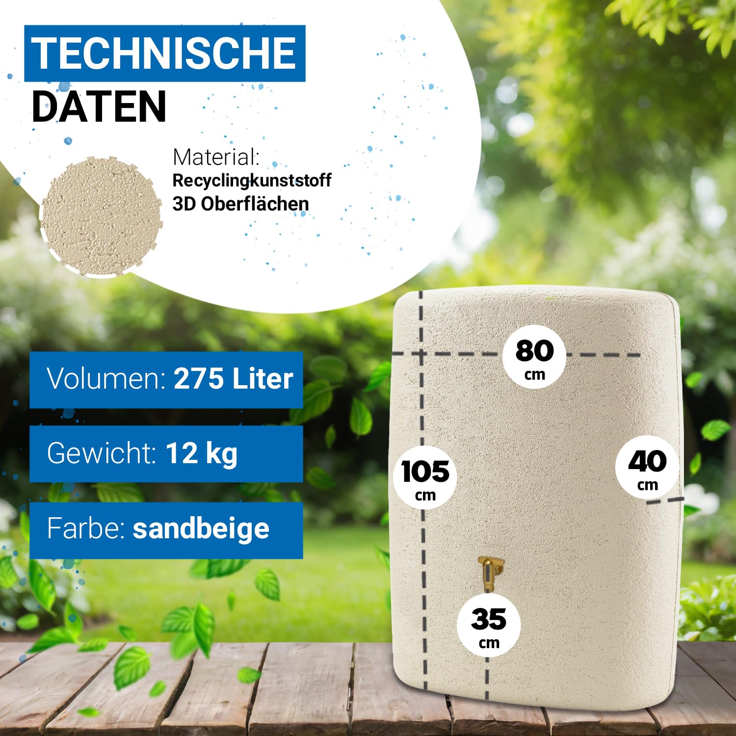 4rain Terra Regentonne 275 L Sandbeige Platzsparender Wandtank | für den Garten
