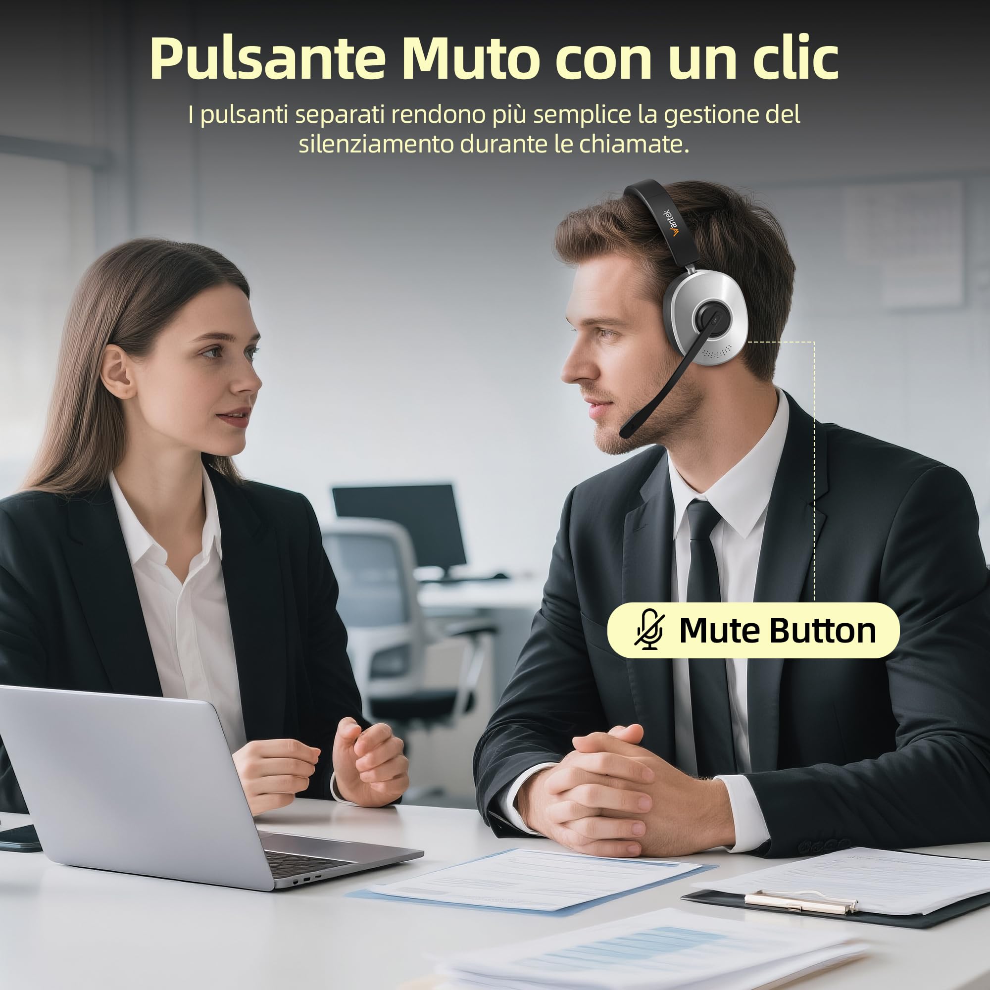 Wantek Cuffie wireless con microfono, Cuffie senza fili Bluetooth con stazione di ricarica o USB Dongle per PC Ufficio Zoom Skype Laptop