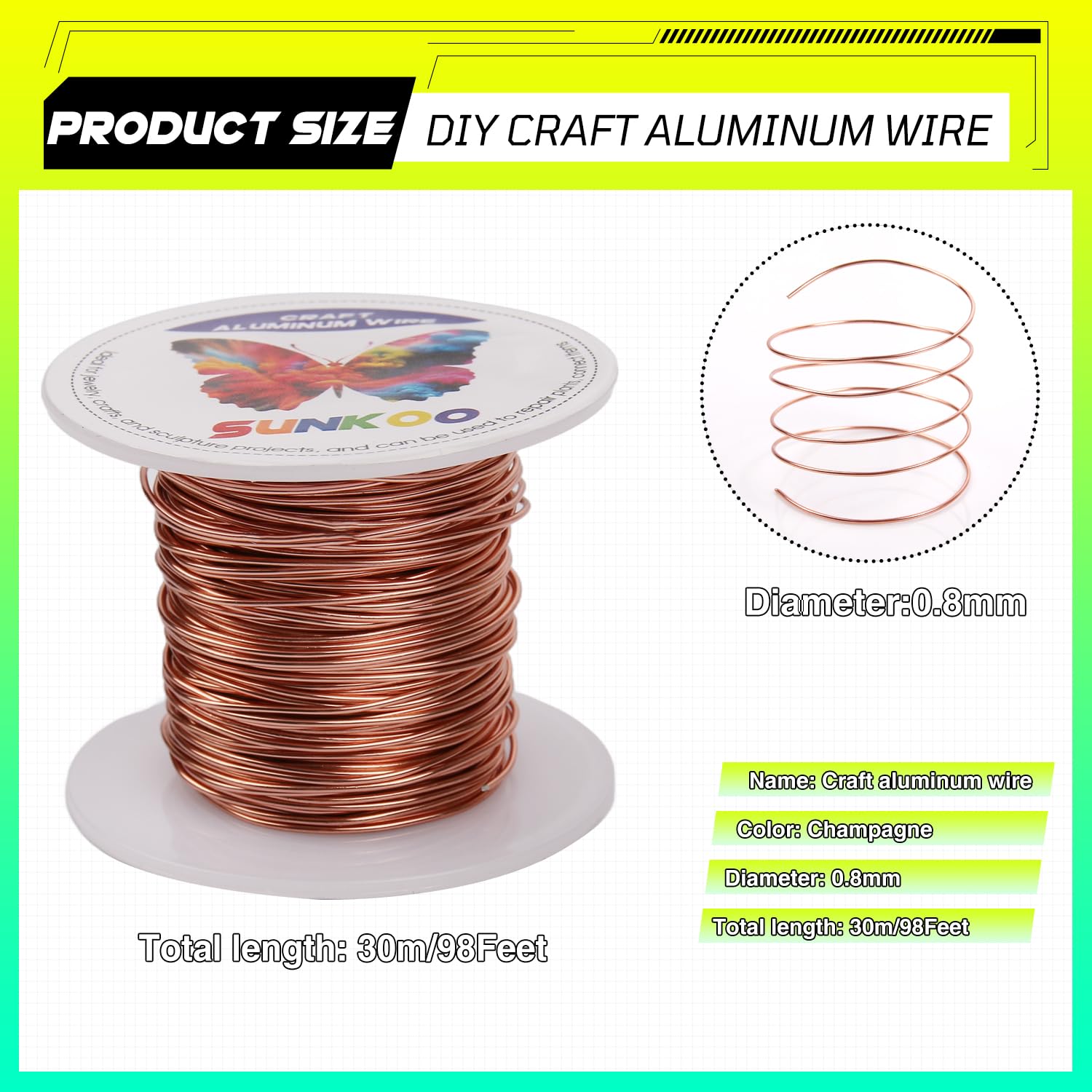 Sunkoo 20 Gauge 0.8mm Champagne Aluminium Craft Wire,98.4Ft Bendable Wire for Jewellery Making Sculpting, Floristry, Armature - Image 2