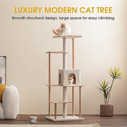 Miniatura 2 de MWPO Árbol moderno para gatos torre de madera de lujo de 63 pulgadas para gatos de interior perchas grandes con cojines suaves condominio para gatos