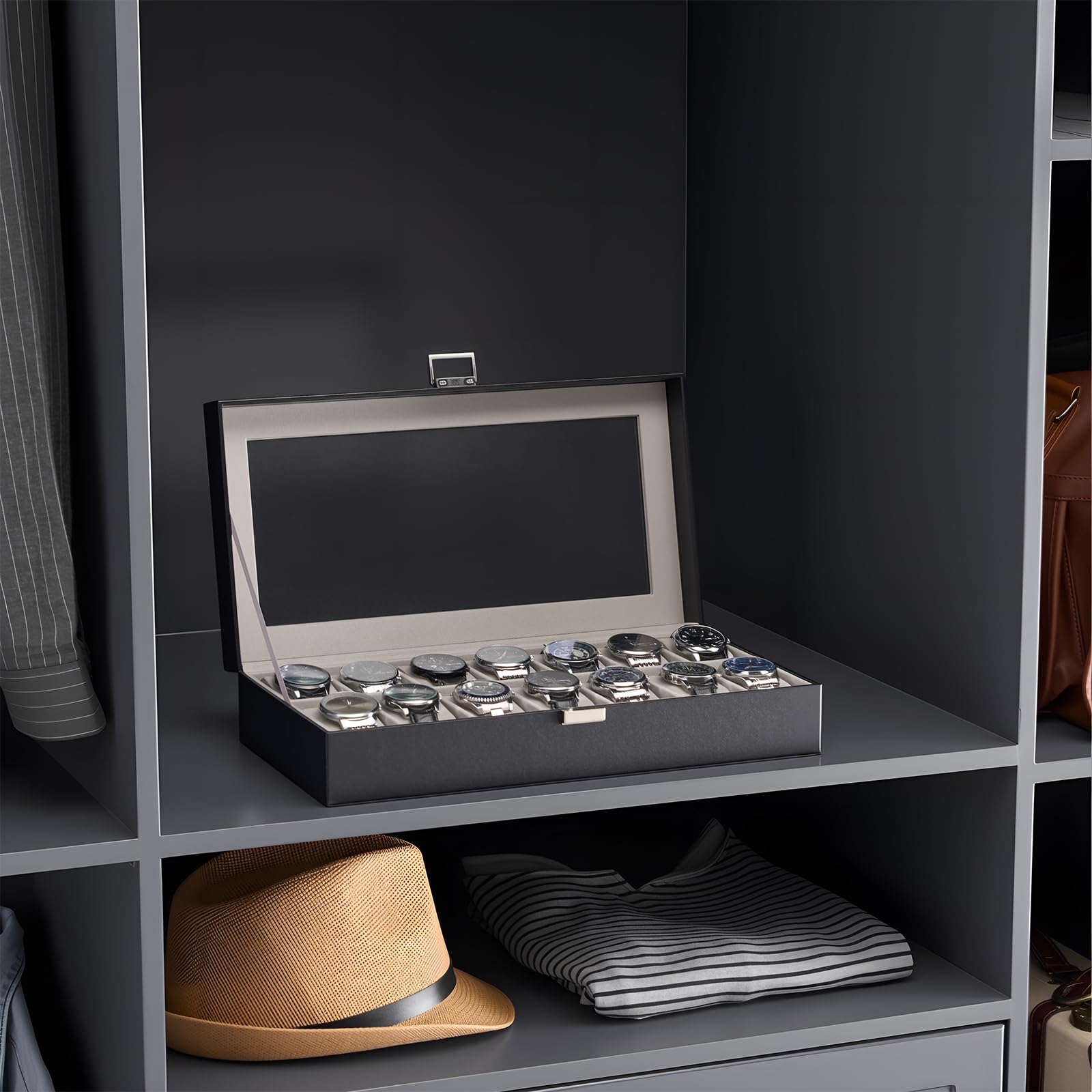 ProCase Caja Organizadora de Relojes 14 Ranuras, Estuche Joyero con Tapa de Cristal, Vitrina de Almacenamiento para Relojes, Pulseras y Joyas, Regalo Elegante para Hombres y Mujeres – Negro