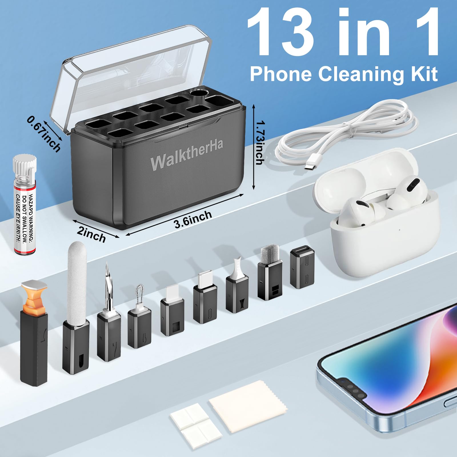 Kit de limpieza para iPhone, kit de limpieza multiherramienta de teléfono, herramienta de limpieza de puertos de carga, limpiador de teléfono para AirPods con detergente y cepillos para