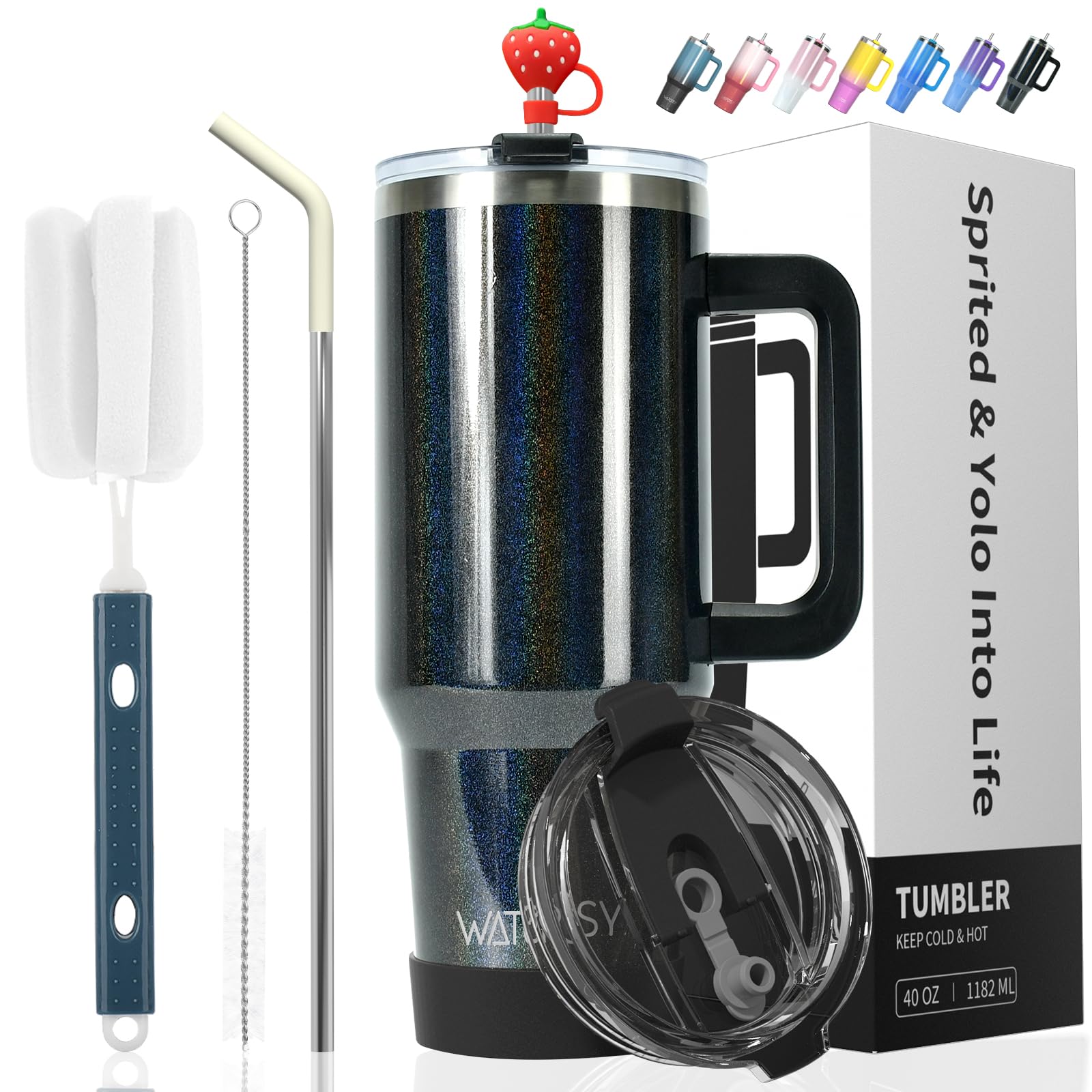 WATERSY Doppelwandiger 40oz Kaffeebecher to Go Thermobecher Edelstahl Vakuum Auslaufsicher Trinkbecher mit Griff und Strohhalm Thermo Tumbler Schwarz Glänzend