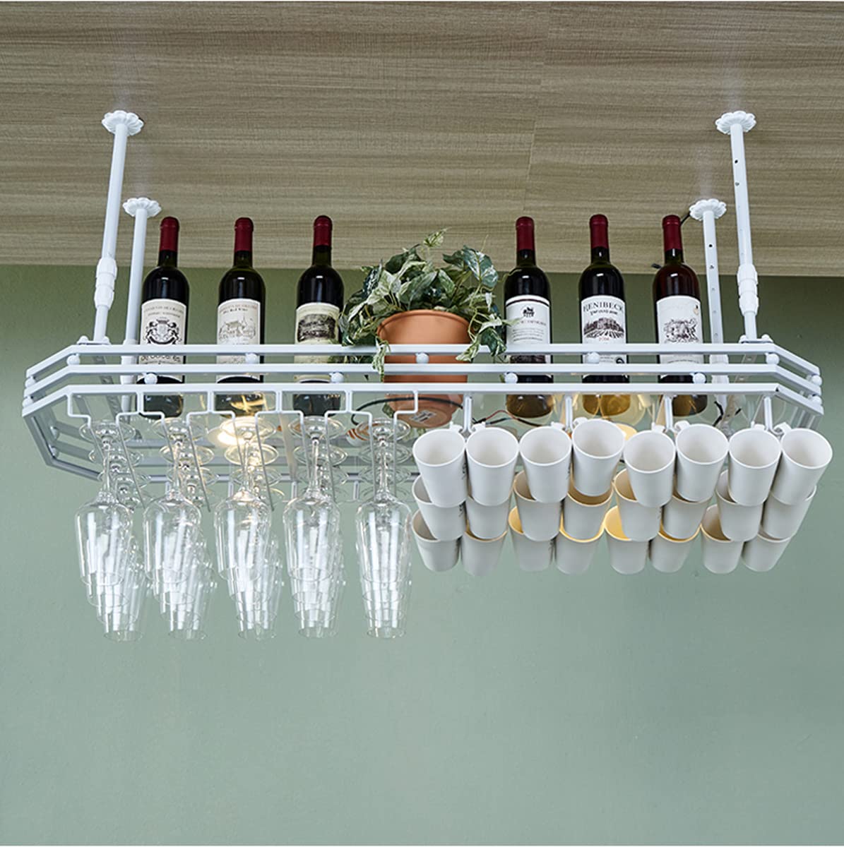 Support de verre à vin de plafond suspendu en métal et étagère réglable