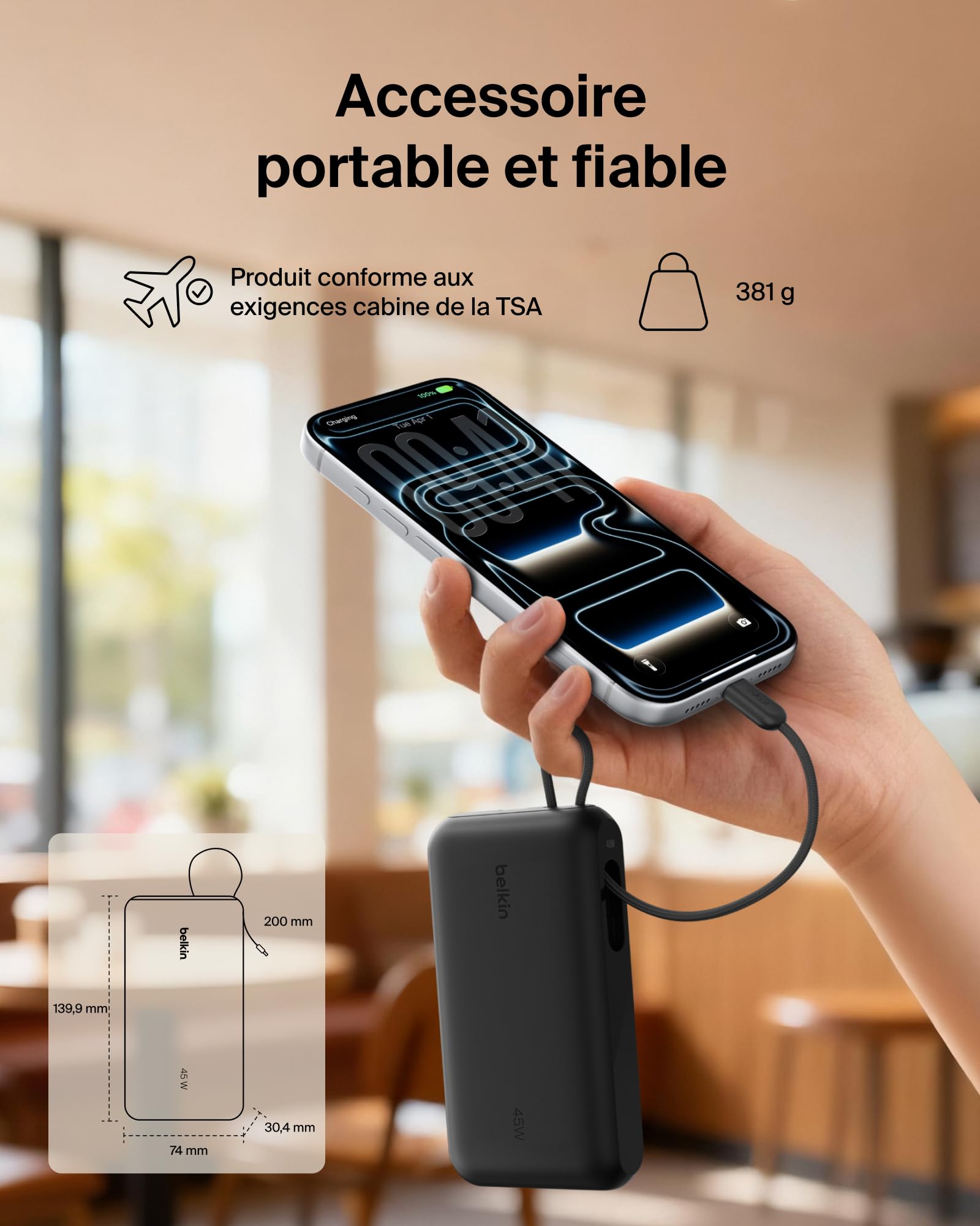 Belkin UltraCharge Batterie Externe 20K avec Câble USB-C Et Écran - Noir