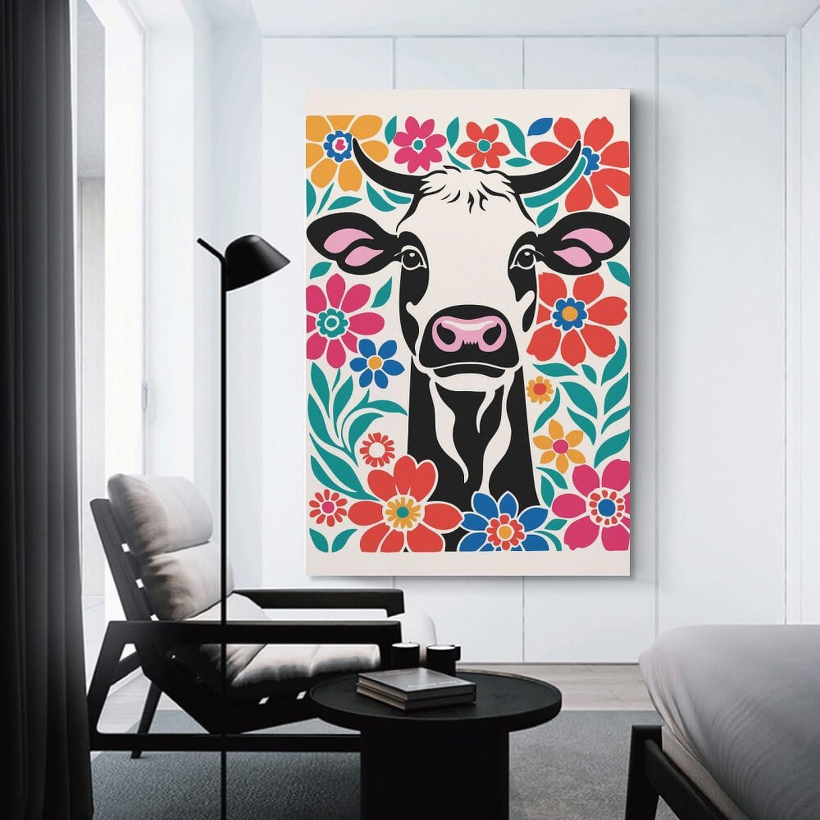 Junmoney Cute Cow in Flowers Canvas Wall Decor, 24x36inch(60x90cm), for New Homes, Bedrooms Or Workspaces, Gift Idea for Housewarming And Birthdays