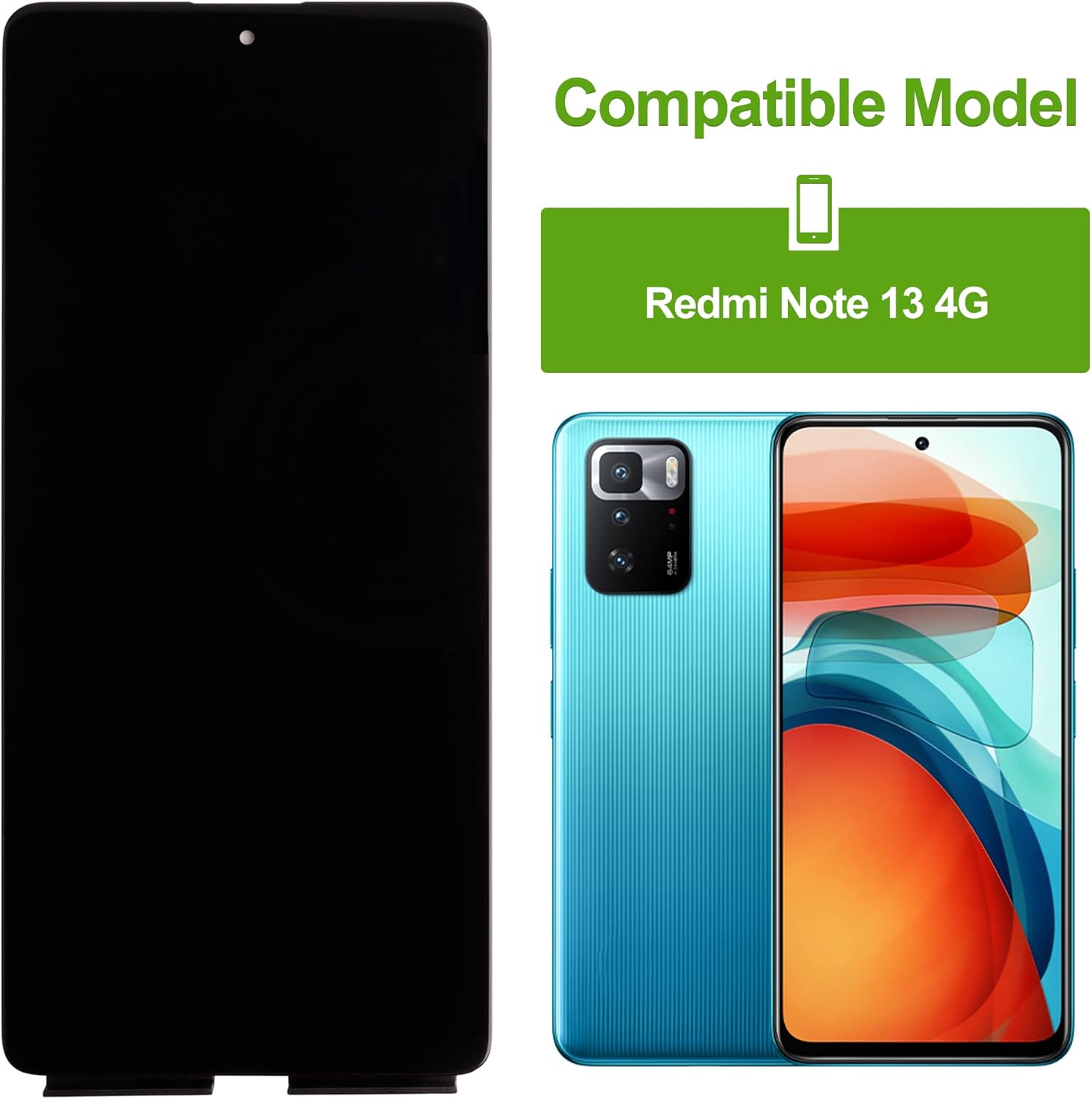 LCD Display Replacement Compatible with Xiaomi Redmi Note 13 4G 23129RAA4G 23124RA7EO（Black Without Frame Touch Screen Digitizer Assembly with Repair Tools-No Fingerprint