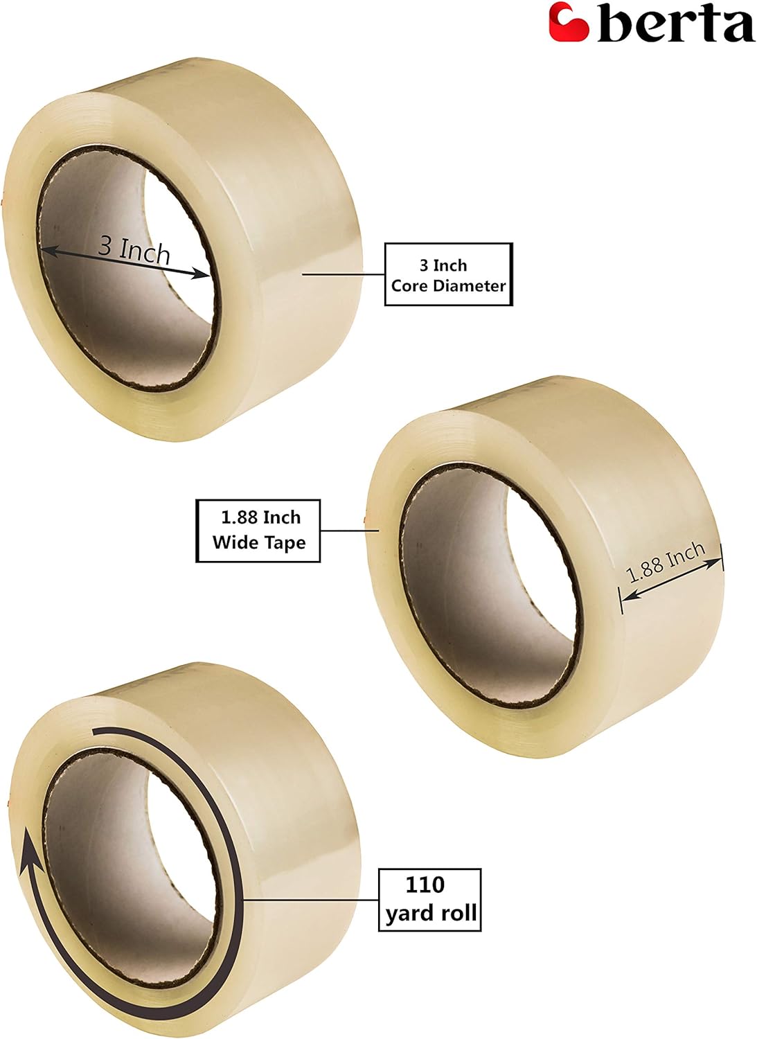 Berta (12 Rolls Heavy Duty Packaging Tape 1.88" x 110 yd, Thick Cast/Clear and Transparent/Designed for Packing, Shipping/Mailing/Moving, Strong Seal on All Box Types