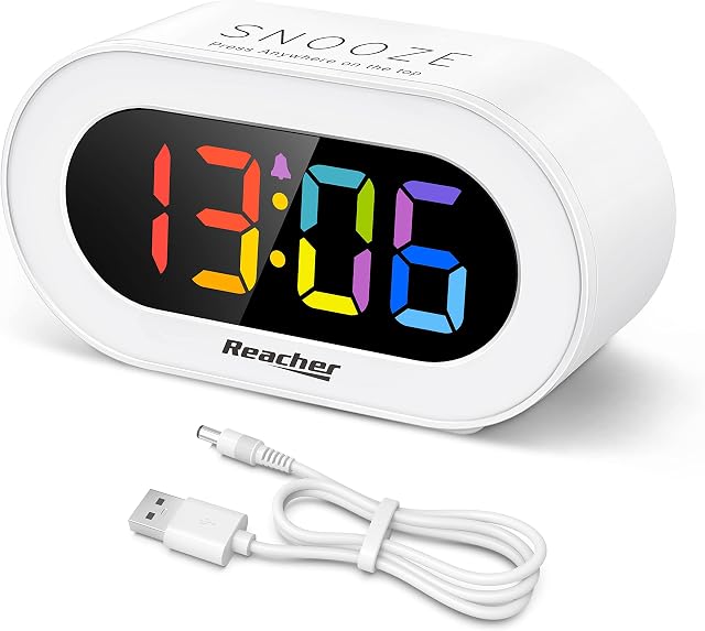 REACHER Digital Alarm Clock with LED Rainbow Display, Kids Alarm Clock Mains Powered with Dimmable Brightness, Adjustable Volume, Simple Bedside Alarm Clocks with Snooze, 12/24 Hours (No Adapter)