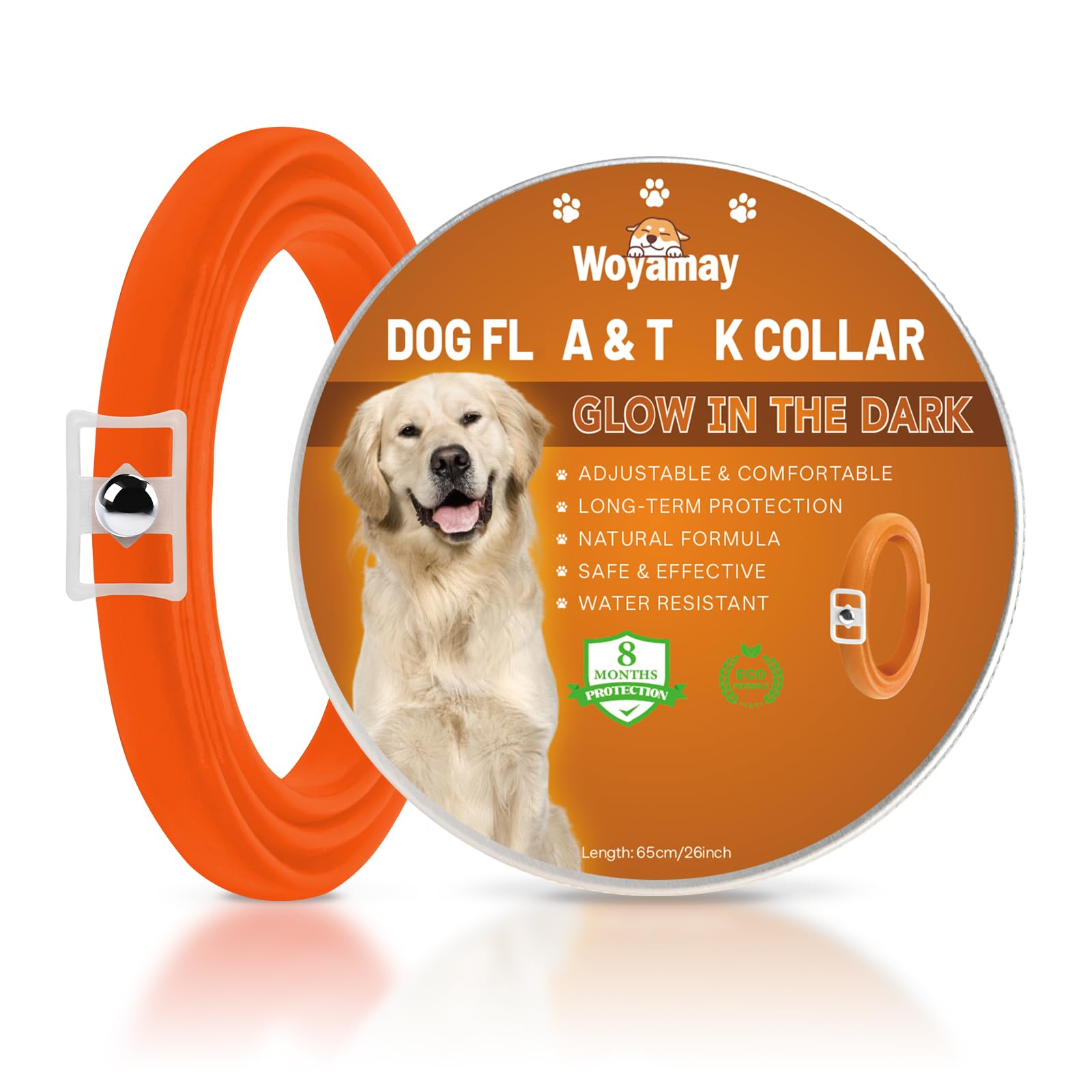 Woyamay Collar Antiparasitario Perros, Luminoso Collar Antipulgas Perros, Eficaz Collar Perro de Pulgas y Garrapatas, 8 Meses de Protección, Impermeable para Pequeño Mediano Grandes Perros Naranja