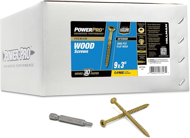 Power Pro Exterior Wood Screws, #9 x 3in Flat Head, 2000 Pieces, Bronze | Epoxy finish,Star drive with T25 bit included ,Self-drilling tip for decking and treated lumber,All-Purpose Deck Screws