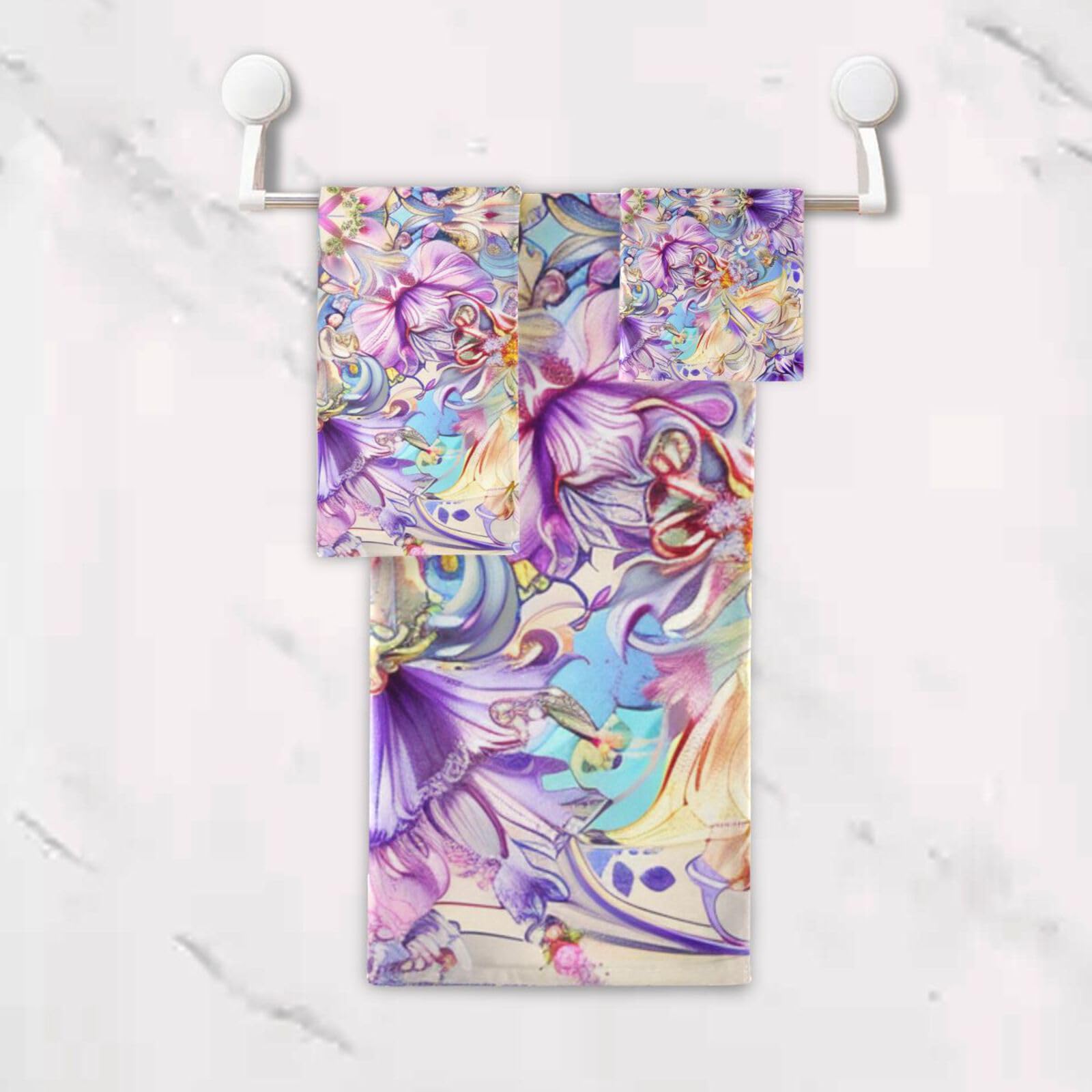 Set di 3 asciugamani decorativi per il viso in stile bohémien, motivo floreale viola, 1 asciugamano da bagno, 1 asciugamano per le mani, 1 panno per la casa, la cucina e la famiglia