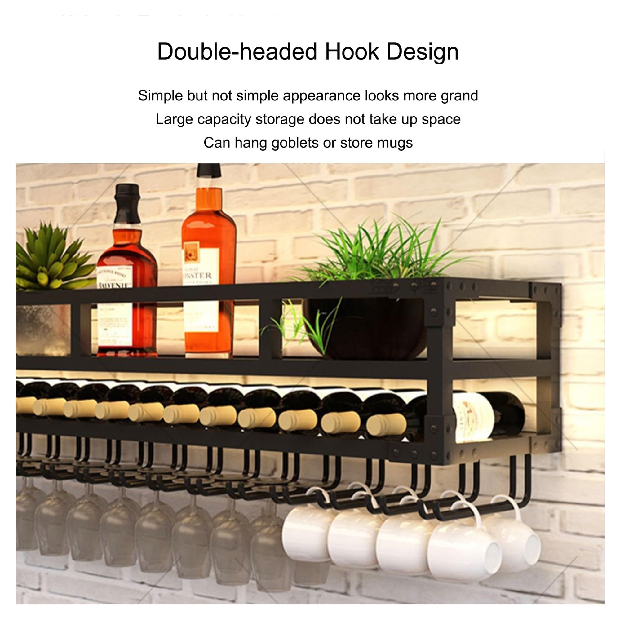 Botellero Vino Pared con Luz Mueble Bar Garrafeira Mini Bar Wine Rack Mueble Comedor Estanteria Cocina Pared con Soporte Copas Colgante para Bar Sala de Estar y Cocina(Black,DOUBLE LAYER_60*25CM)