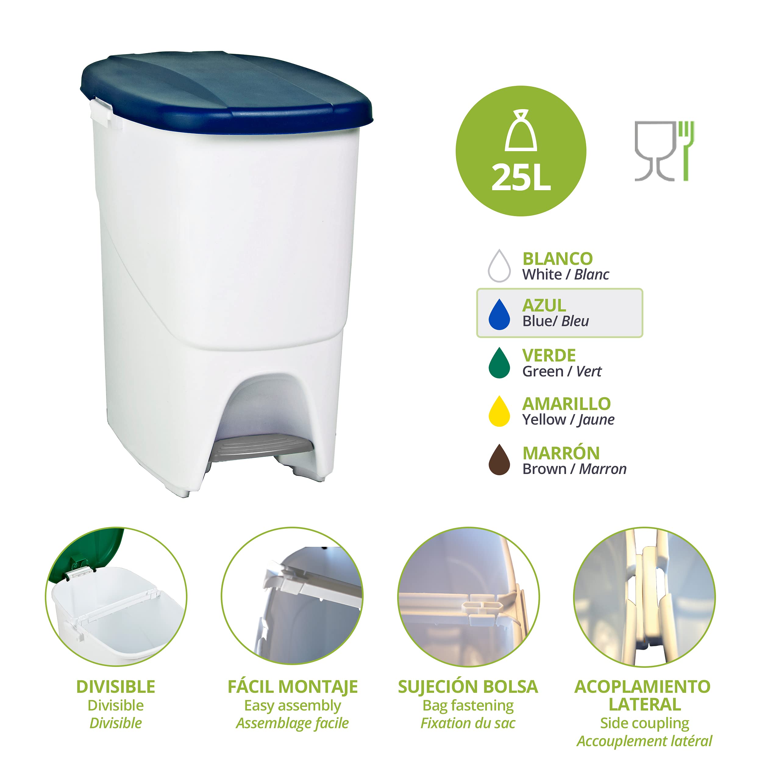 Denox Set de 3 Cubos de Reciclaje con Pedal. Cubos de Basura Cocina con Tapa Amarillo Verde y Azul. 3 x 25L. Separadores de Residuos, Polipropileno Resistente y Fácil Limpieza
